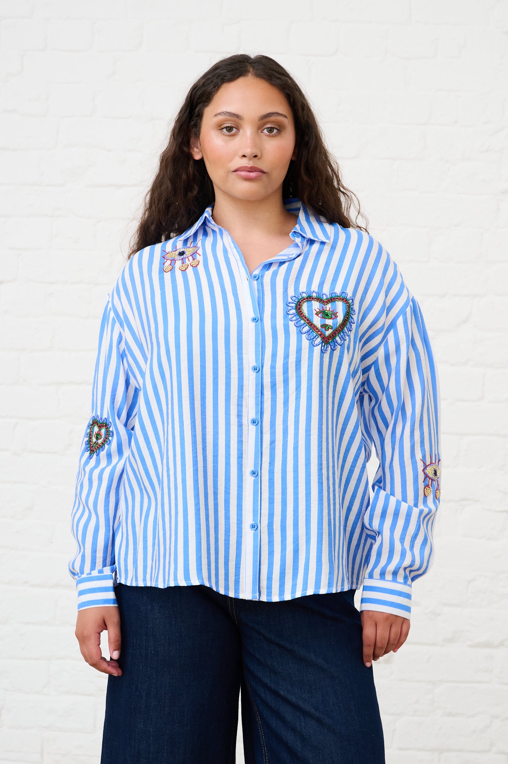Beaded Shirt in Blue Stripe
