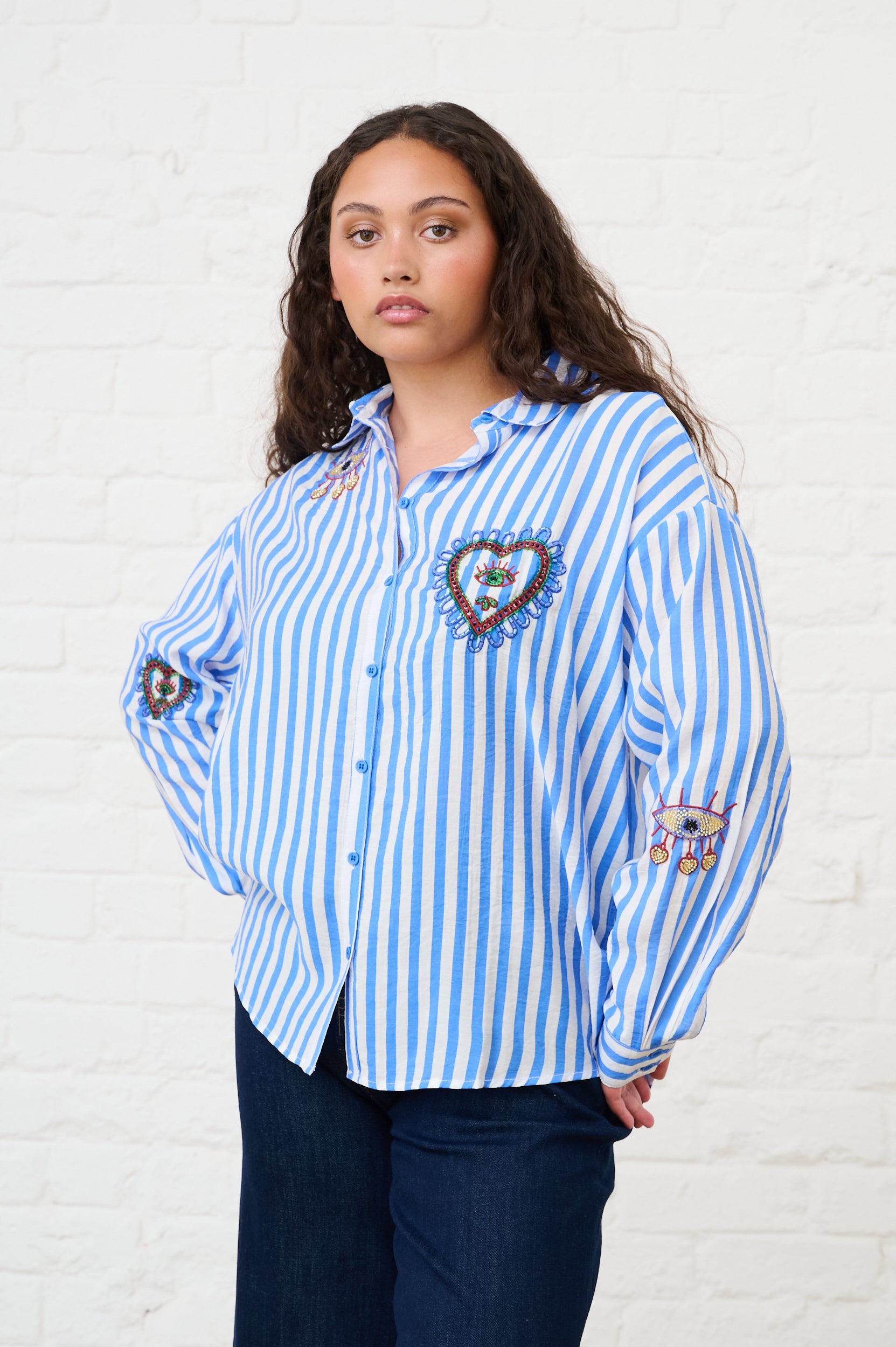 Beaded Shirt in Blue Stripe