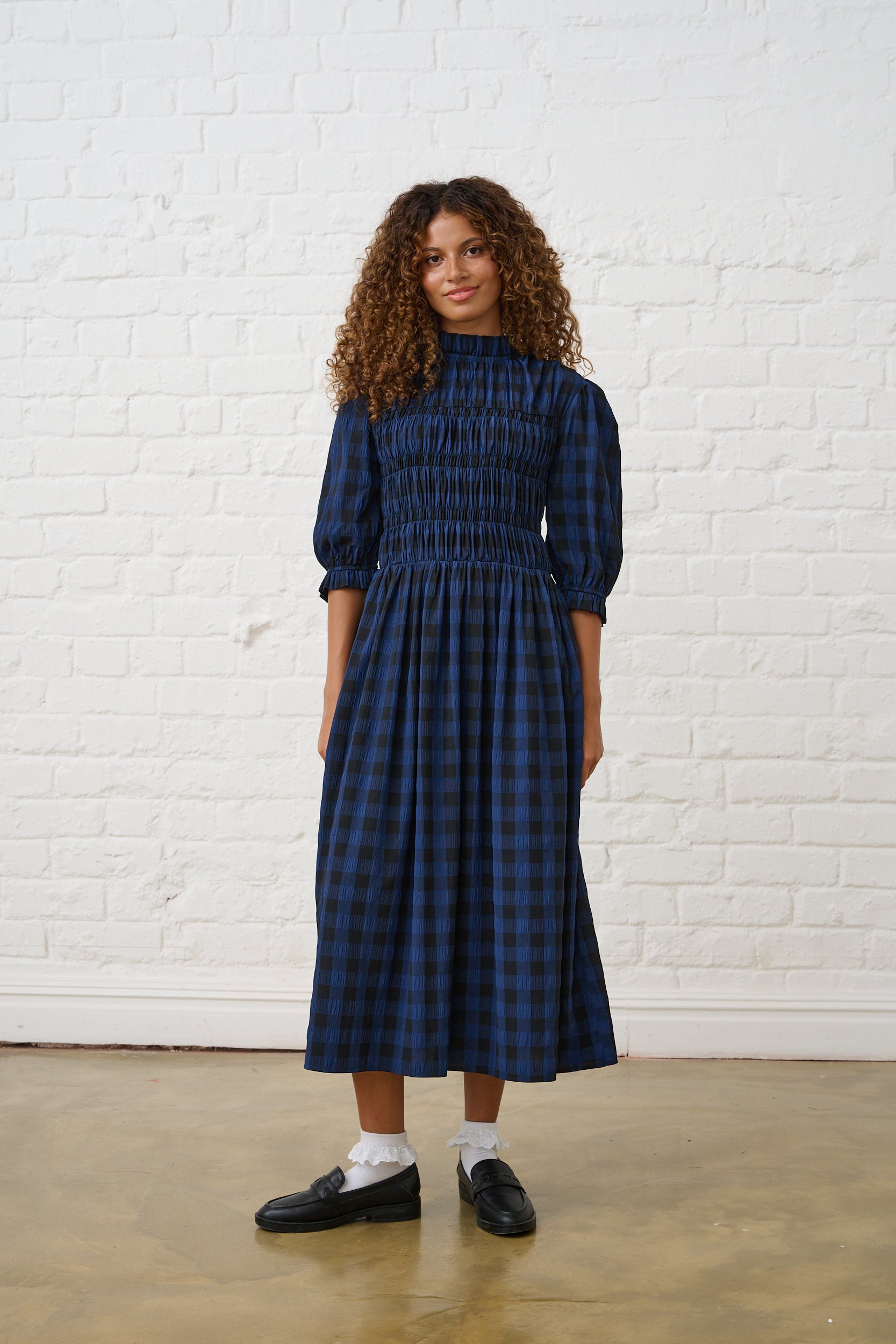 white dress with blue trim Blue Peter Pan Collar Mini Gingham Dress main image 1