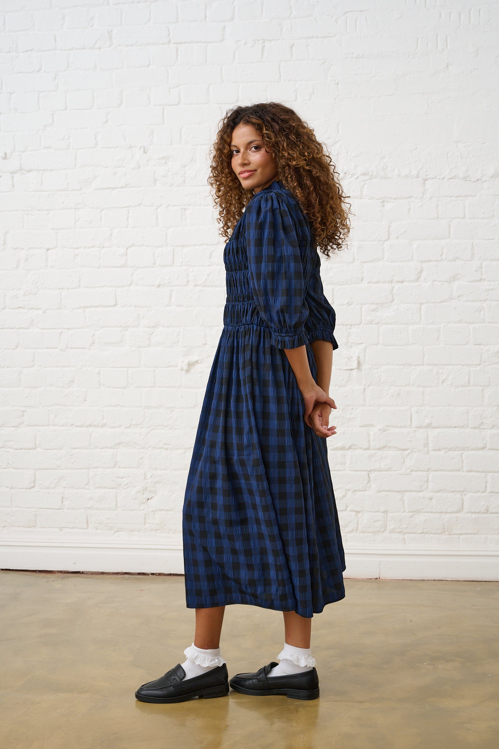 Navy/Black Gingham Shirred Midi Dress Me&B Navy/Black Gingham Shirred Midi Dress Me&B