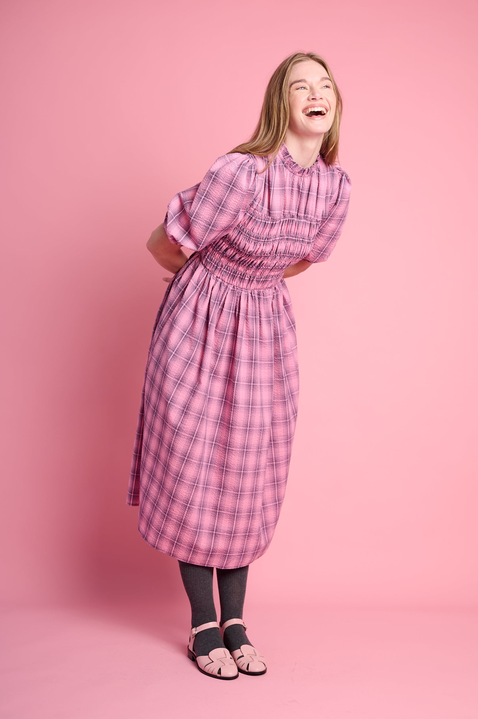 Shirring Cotton Dress in Pink Check