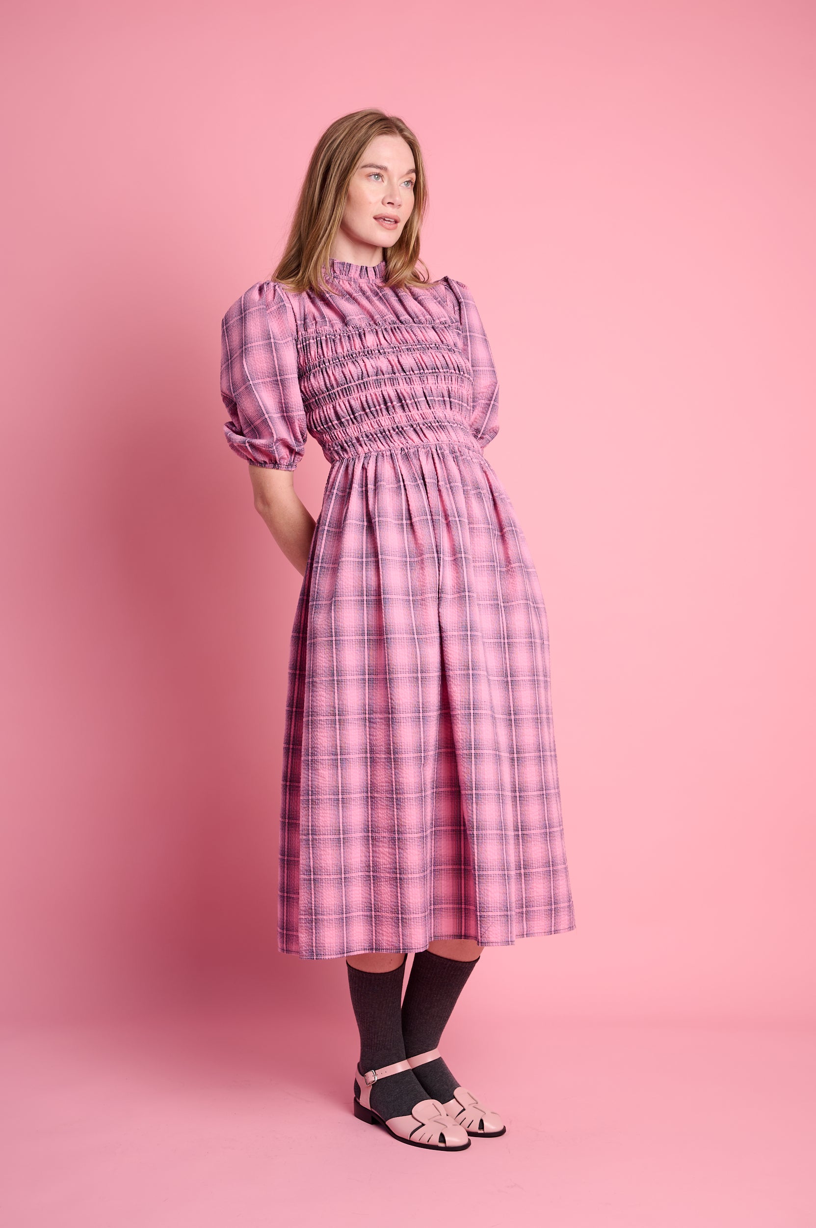 Shirring Cotton Dress in Pink Check