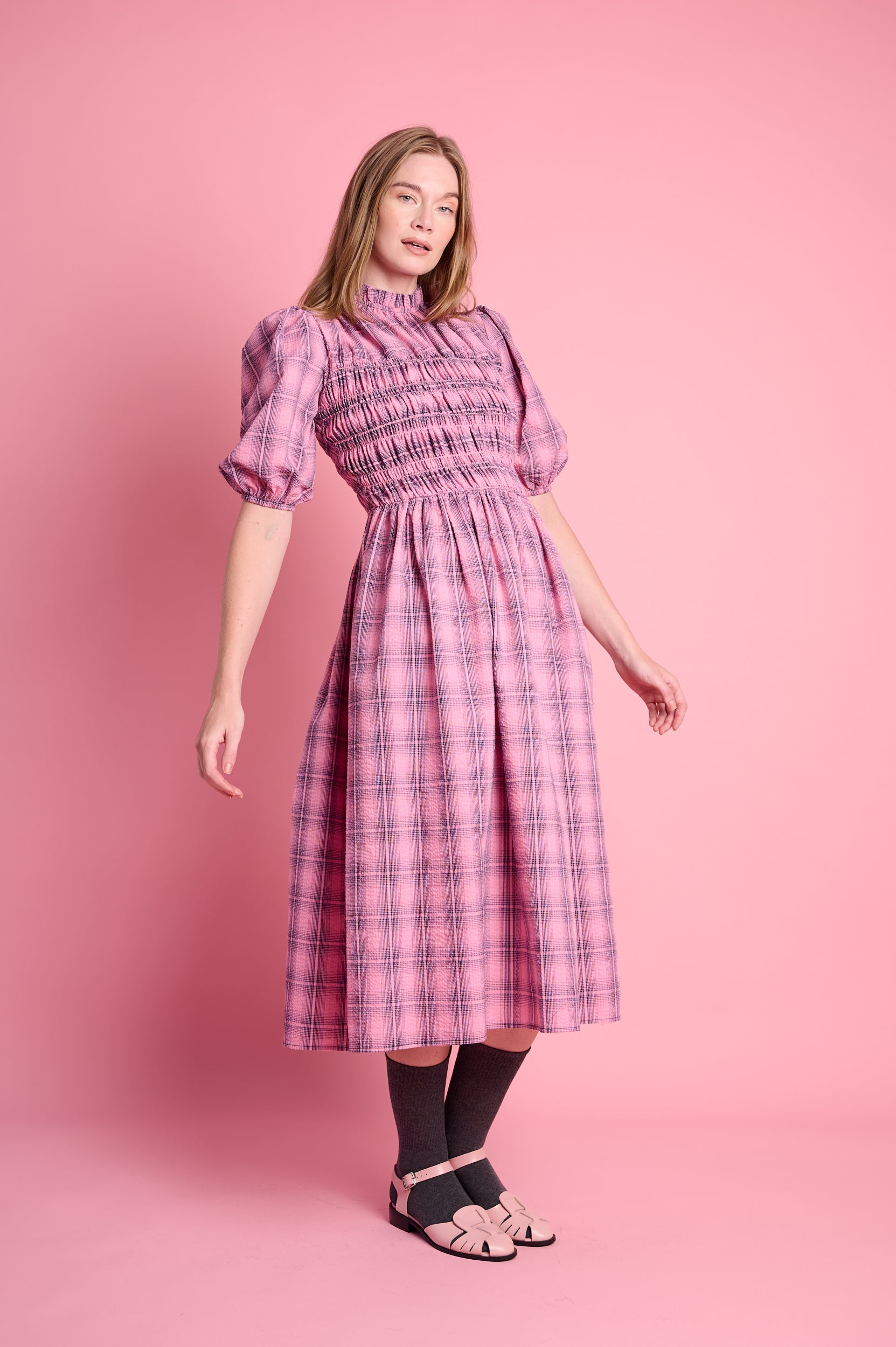 Shirring Cotton Dress in Pink Check