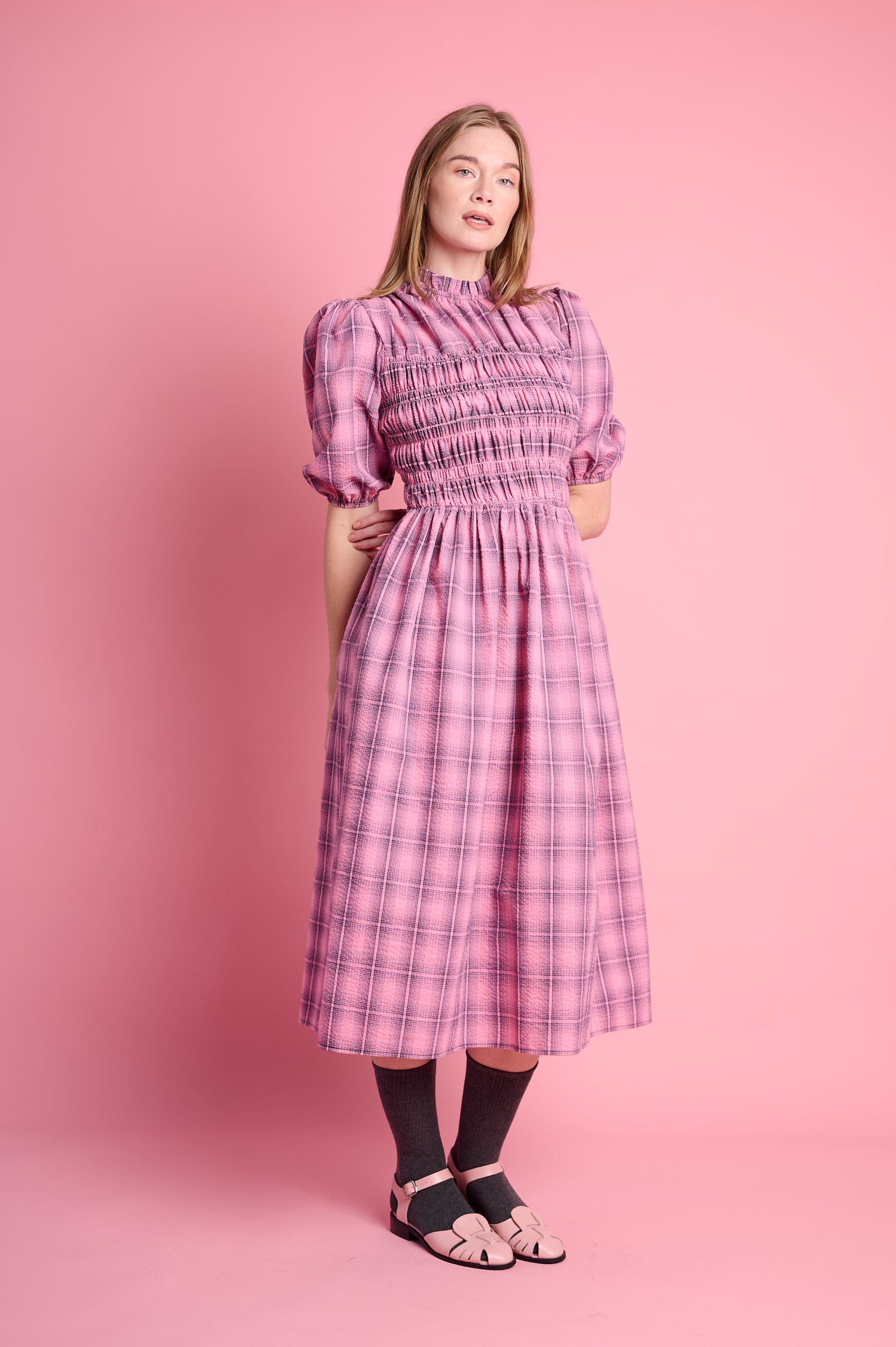 Shirring Cotton Dress in Pink Check