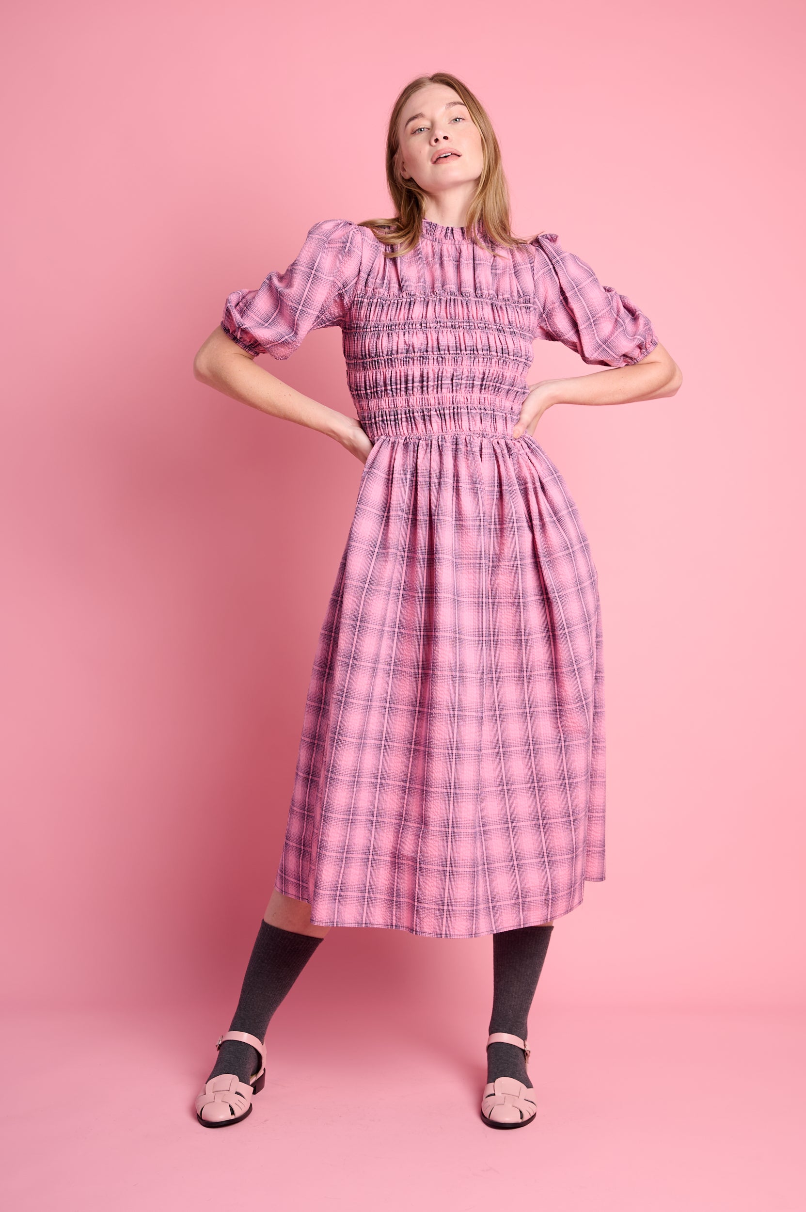 Shirring Cotton Dress in Pink Check