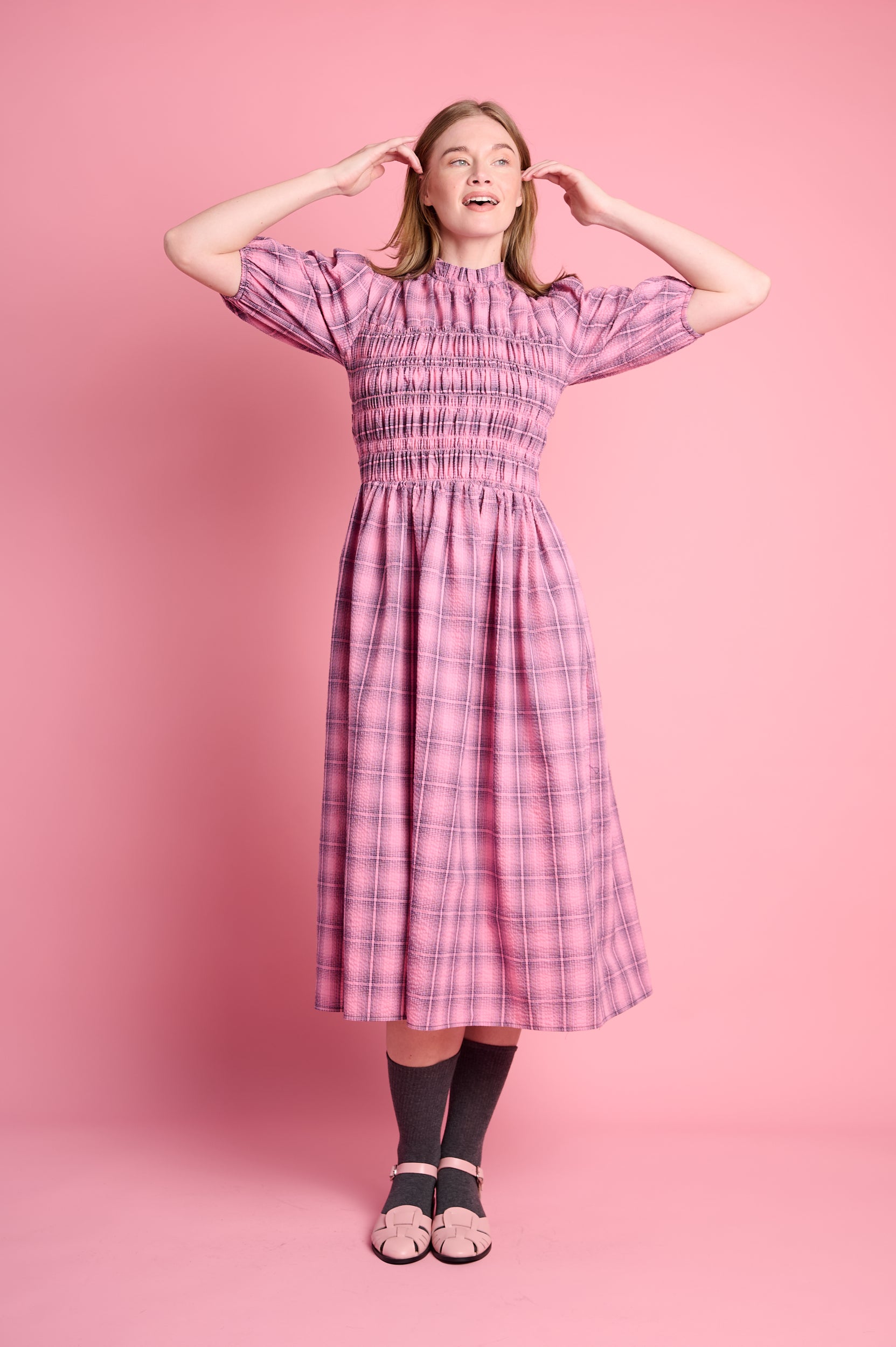 Shirring Cotton Dress in Pink Check