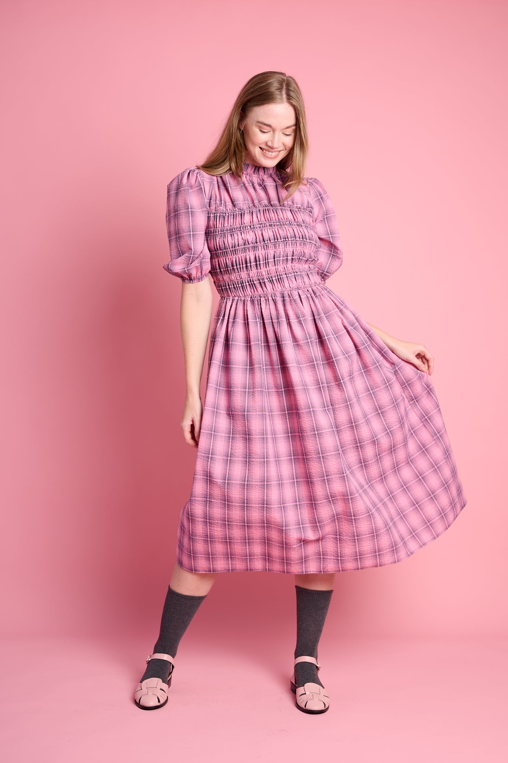 Shirring Cotton Dress in Pink Check