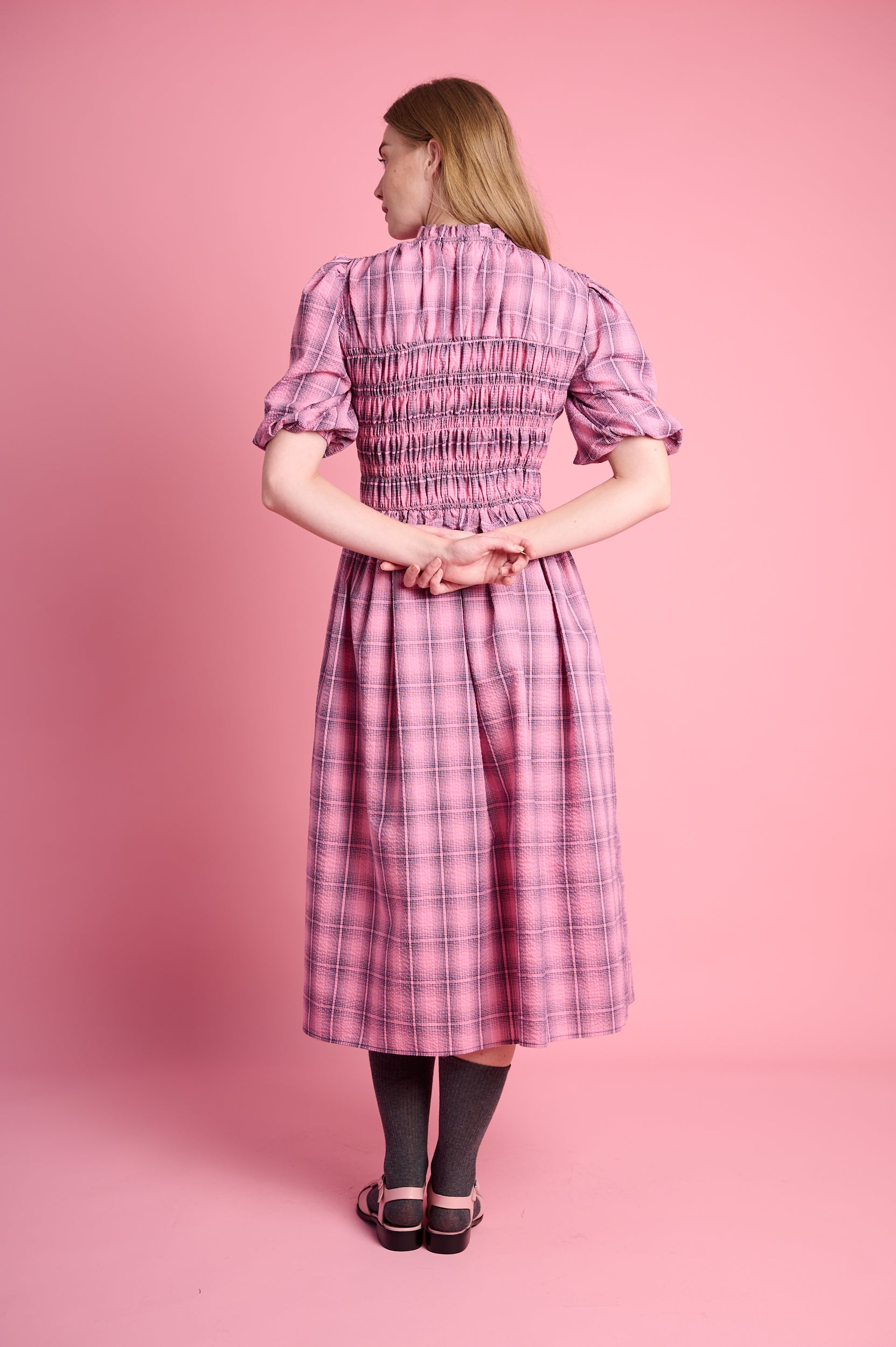 Shirring Cotton Dress in Pink Check