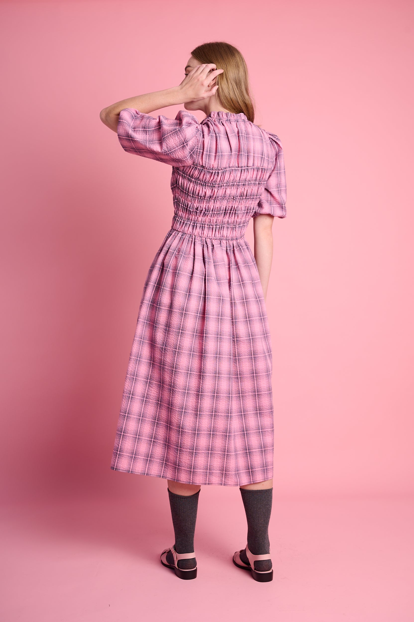 Shirring Cotton Dress in Pink Check