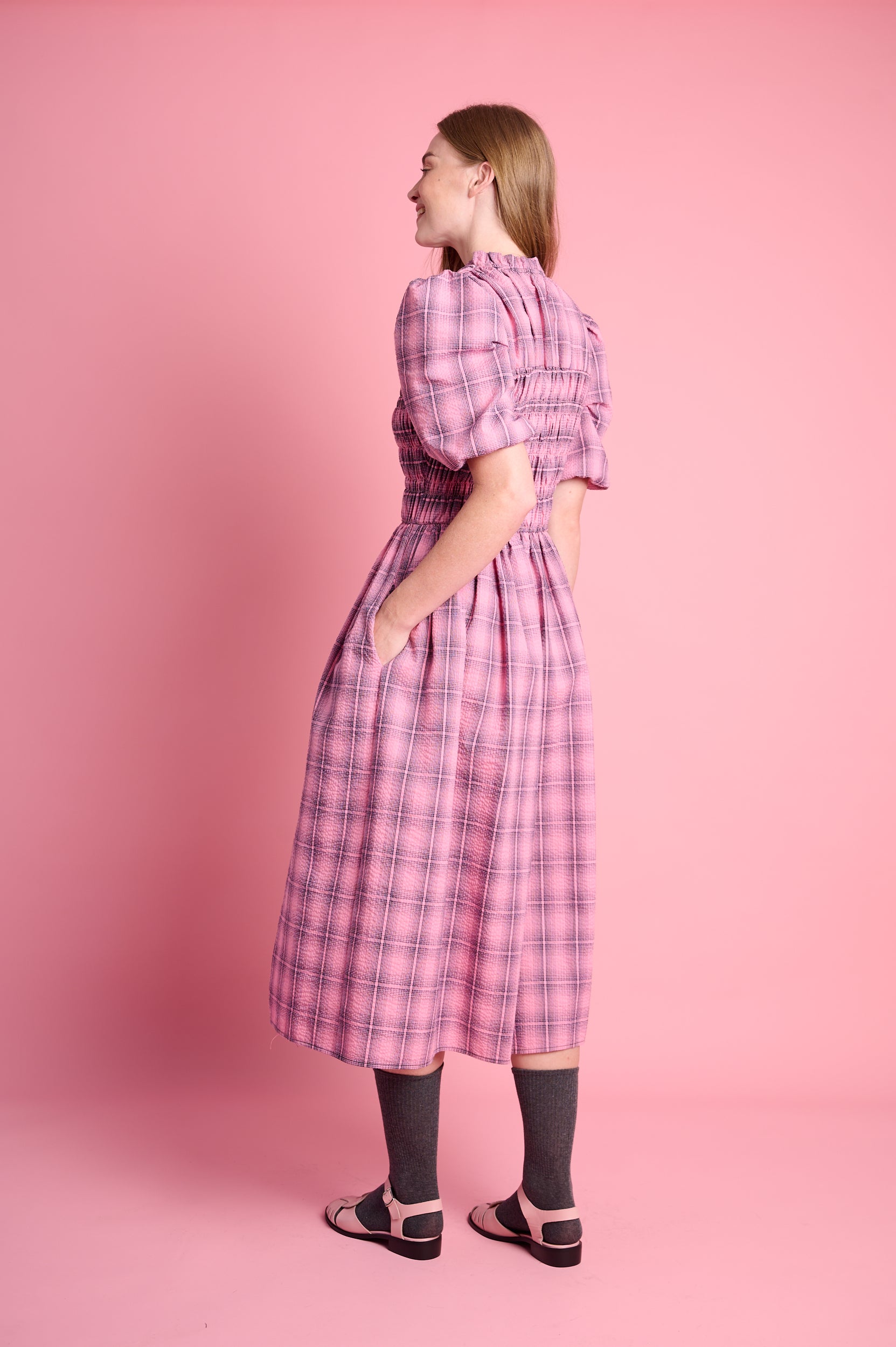 Shirring Cotton Dress in Pink Check