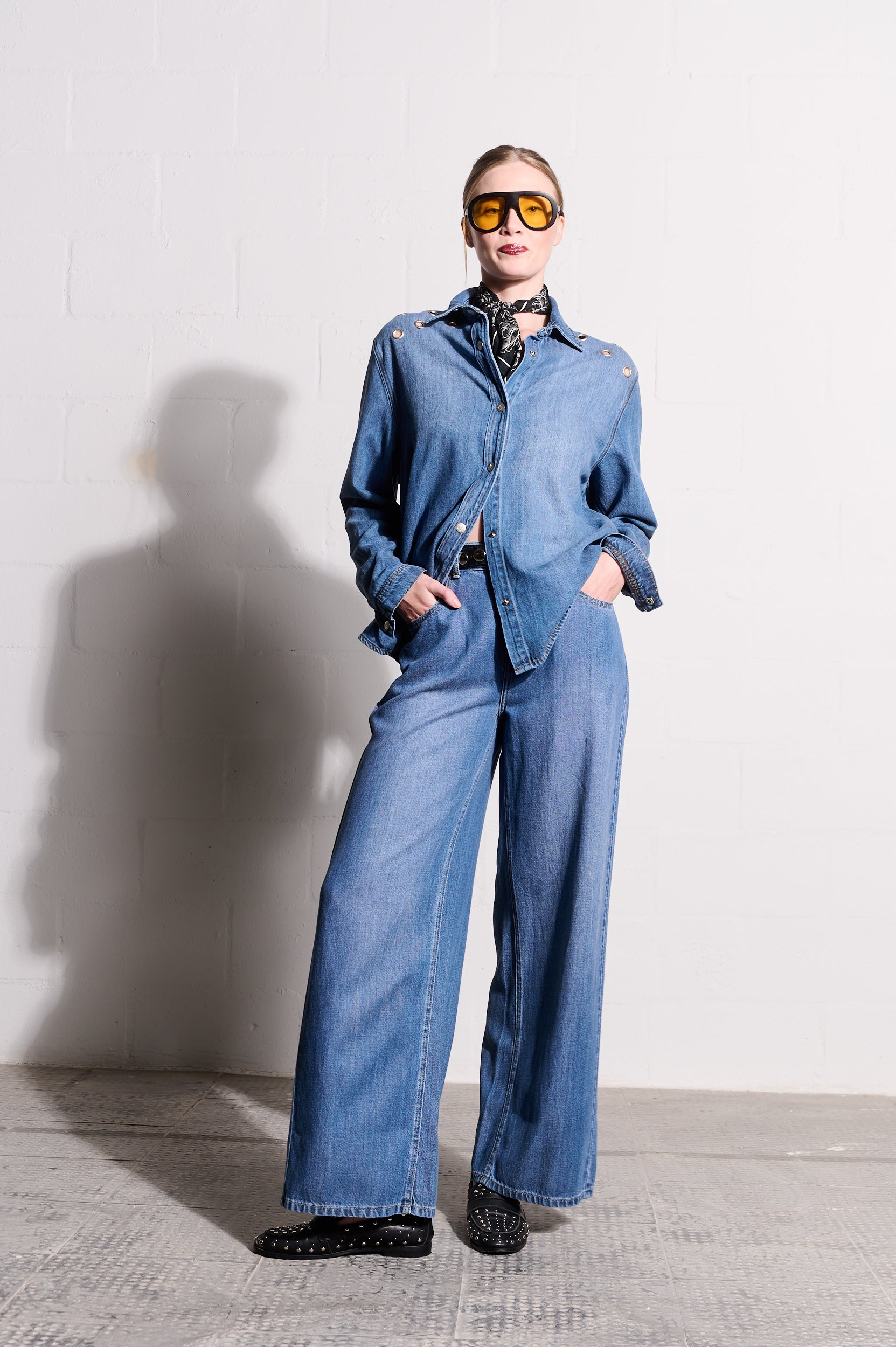 Lyocell Denim Shirt with Eyelets in Medium Wash