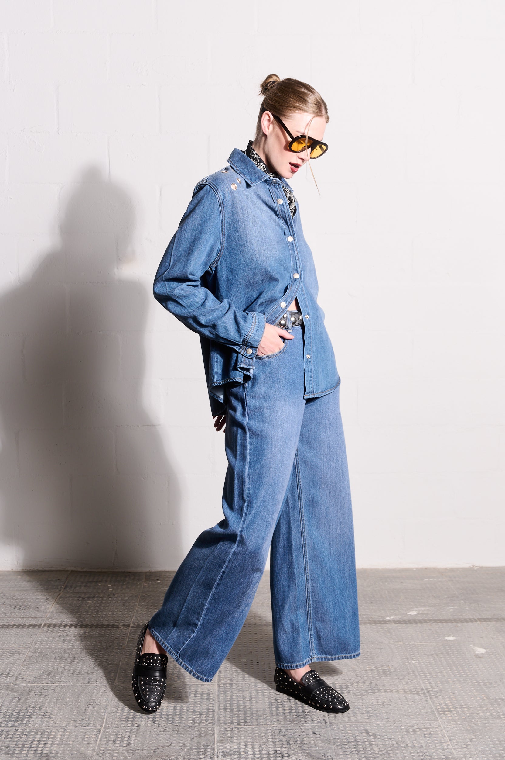 Lyocell Denim Shirt with Eyelets in Medium Wash