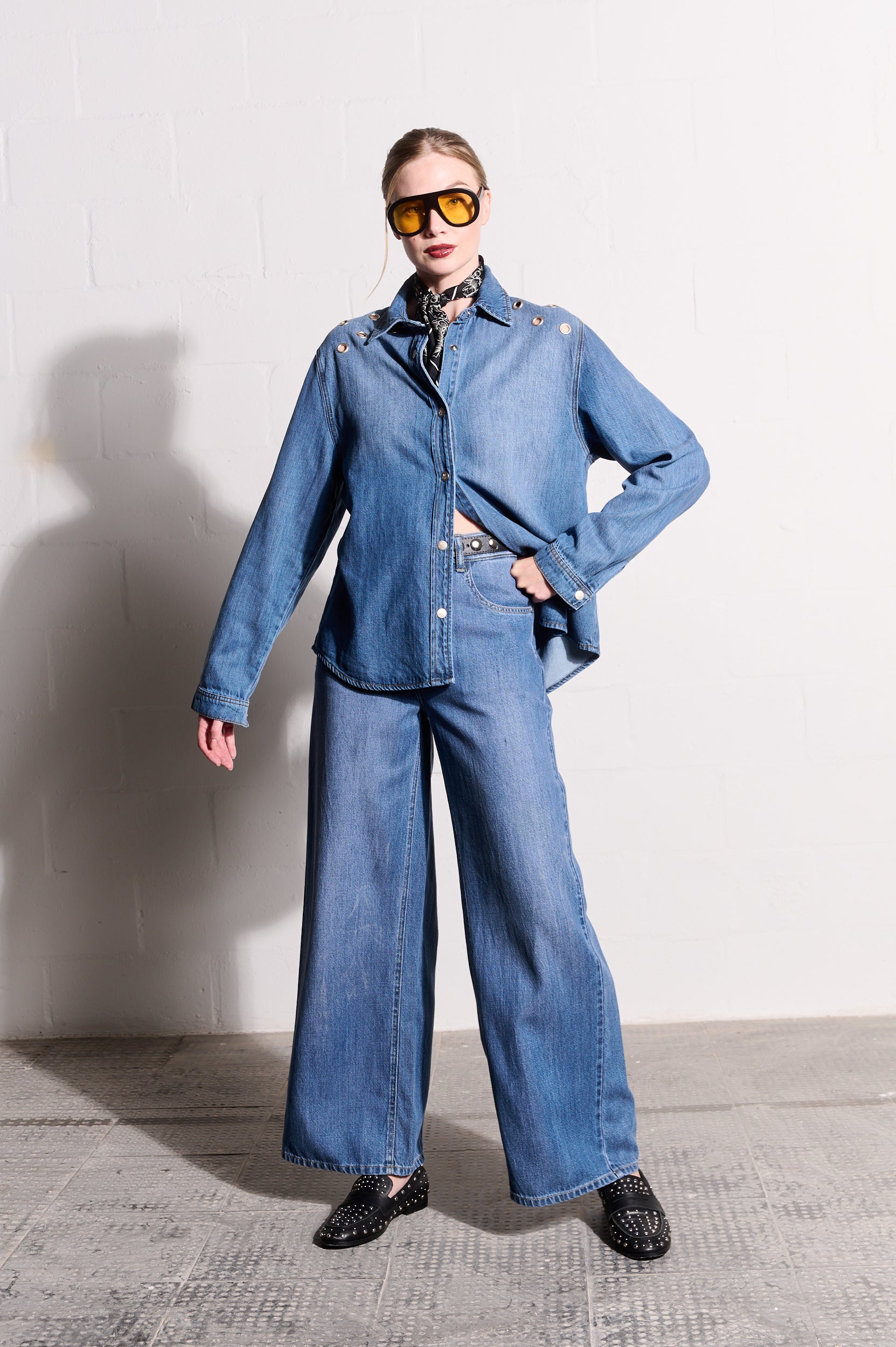 Lyocell Denim Shirt with Eyelets in Medium Wash