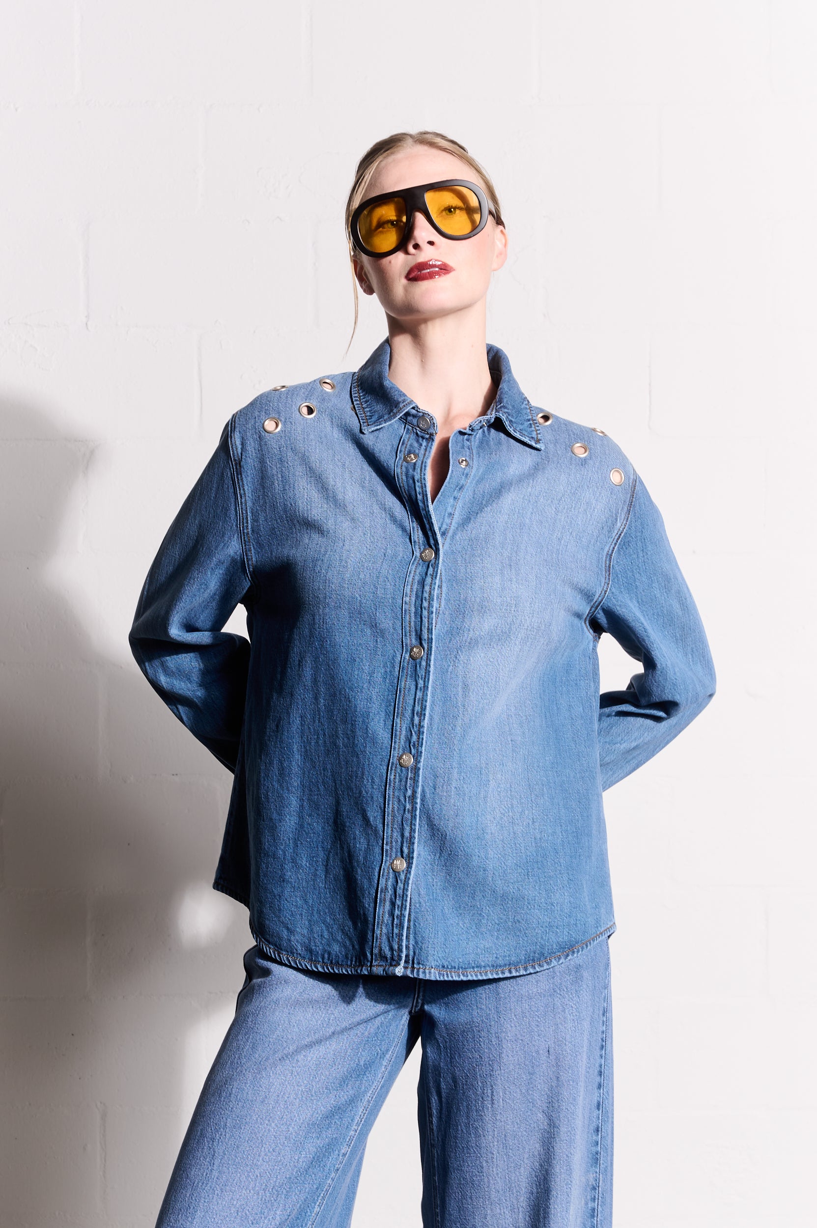 Lyocell Denim Shirt with Eyelets in Medium Wash