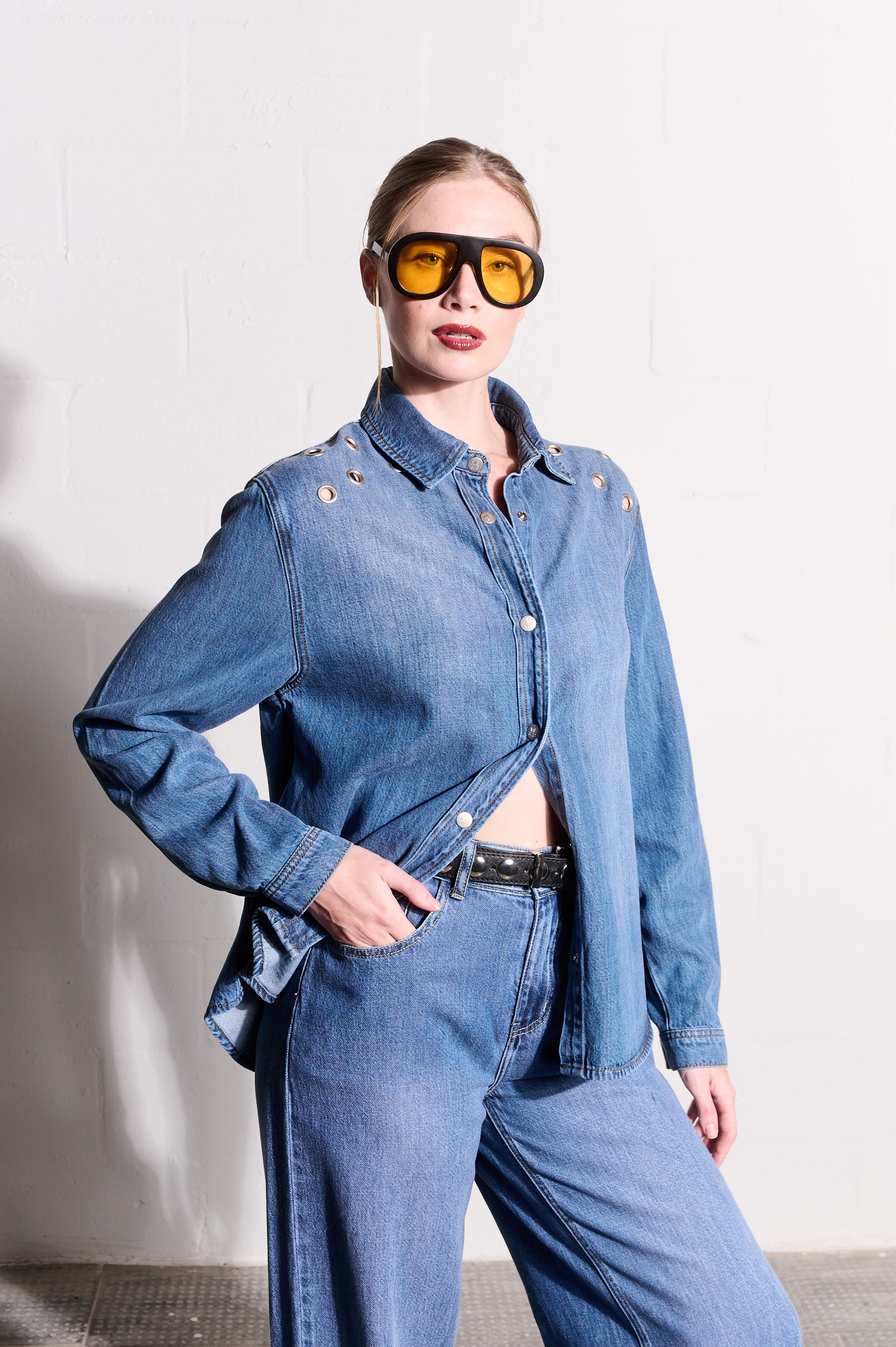 Lyocell Denim Shirt with Eyelets in Medium Wash