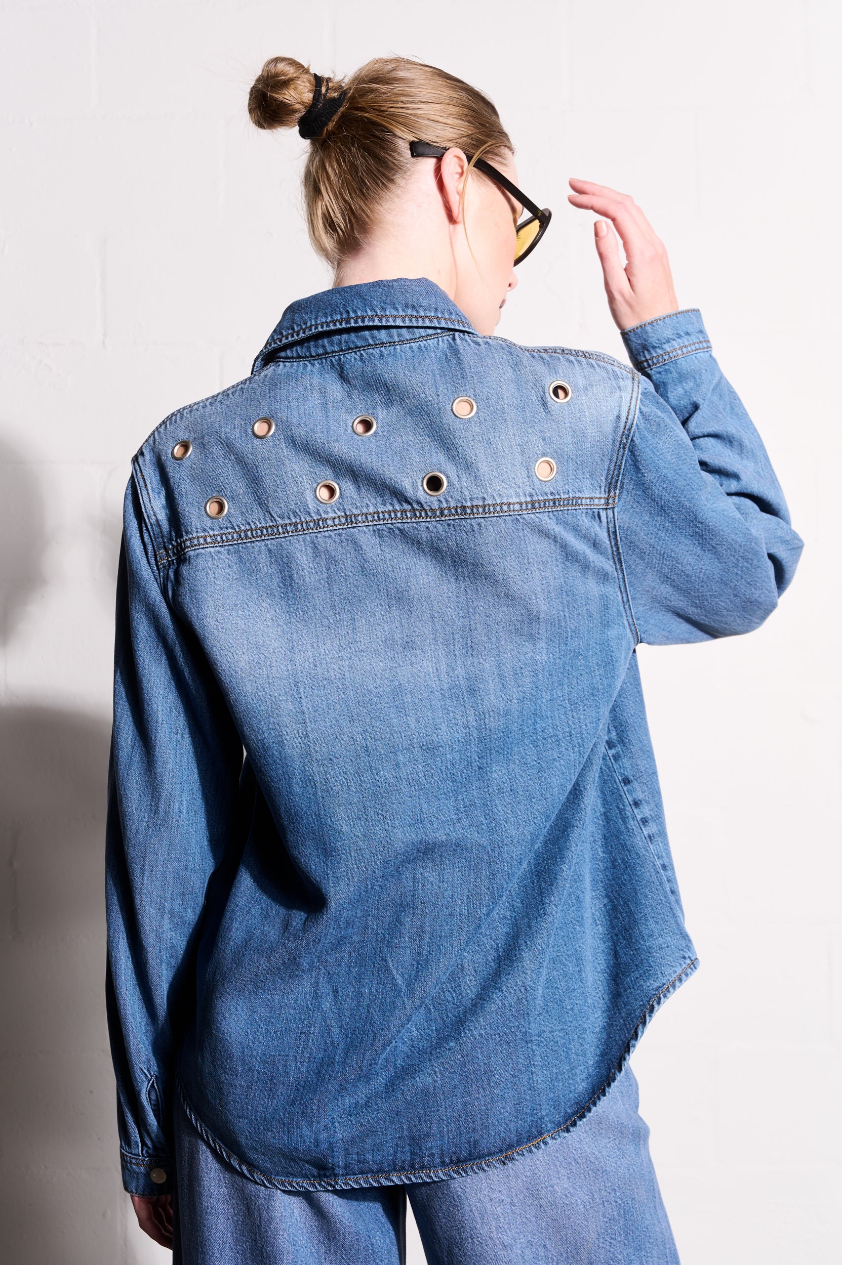 Lyocell Denim Shirt with Eyelets in Medium Wash