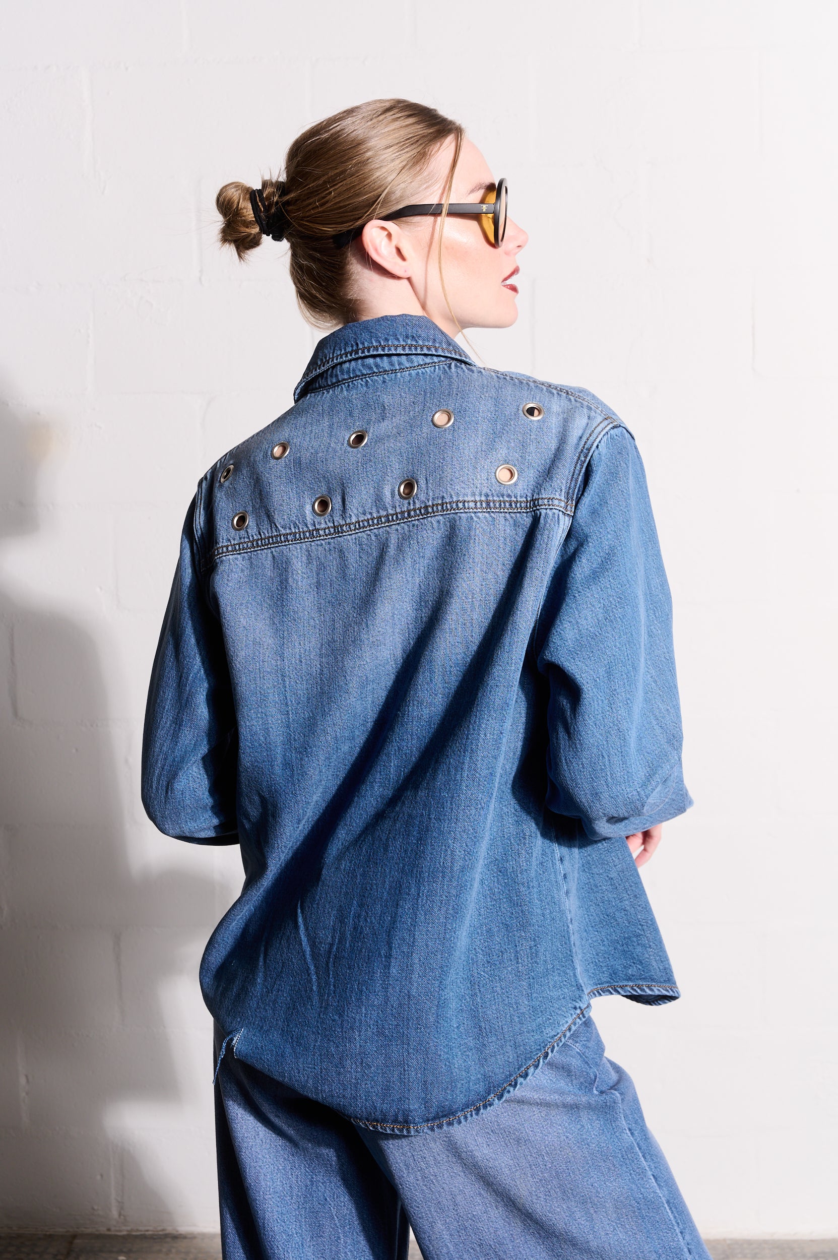 Lyocell Denim Shirt with Eyelets in Medium Wash