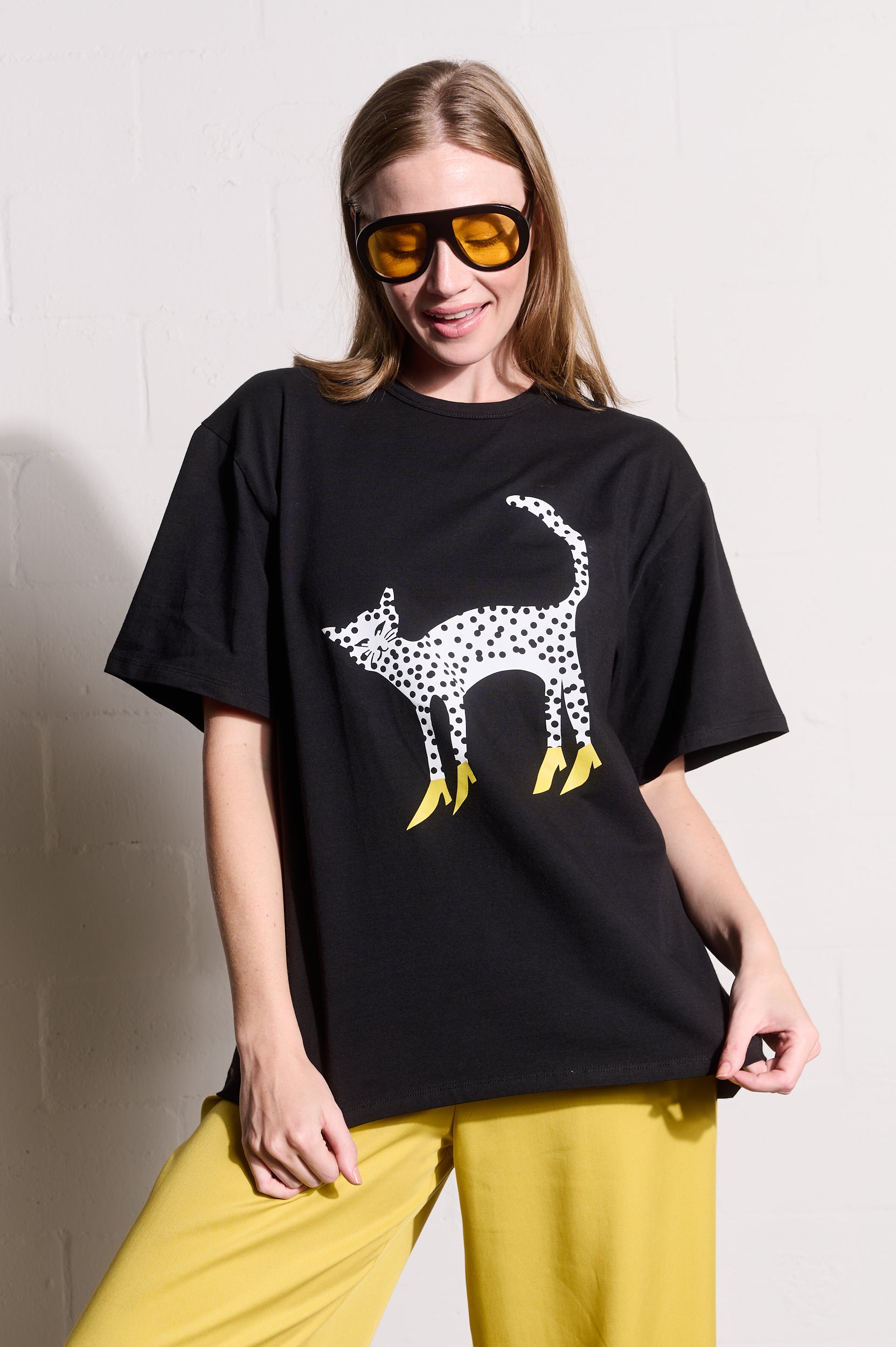 Black Statement Tee with Cheetah in Heels