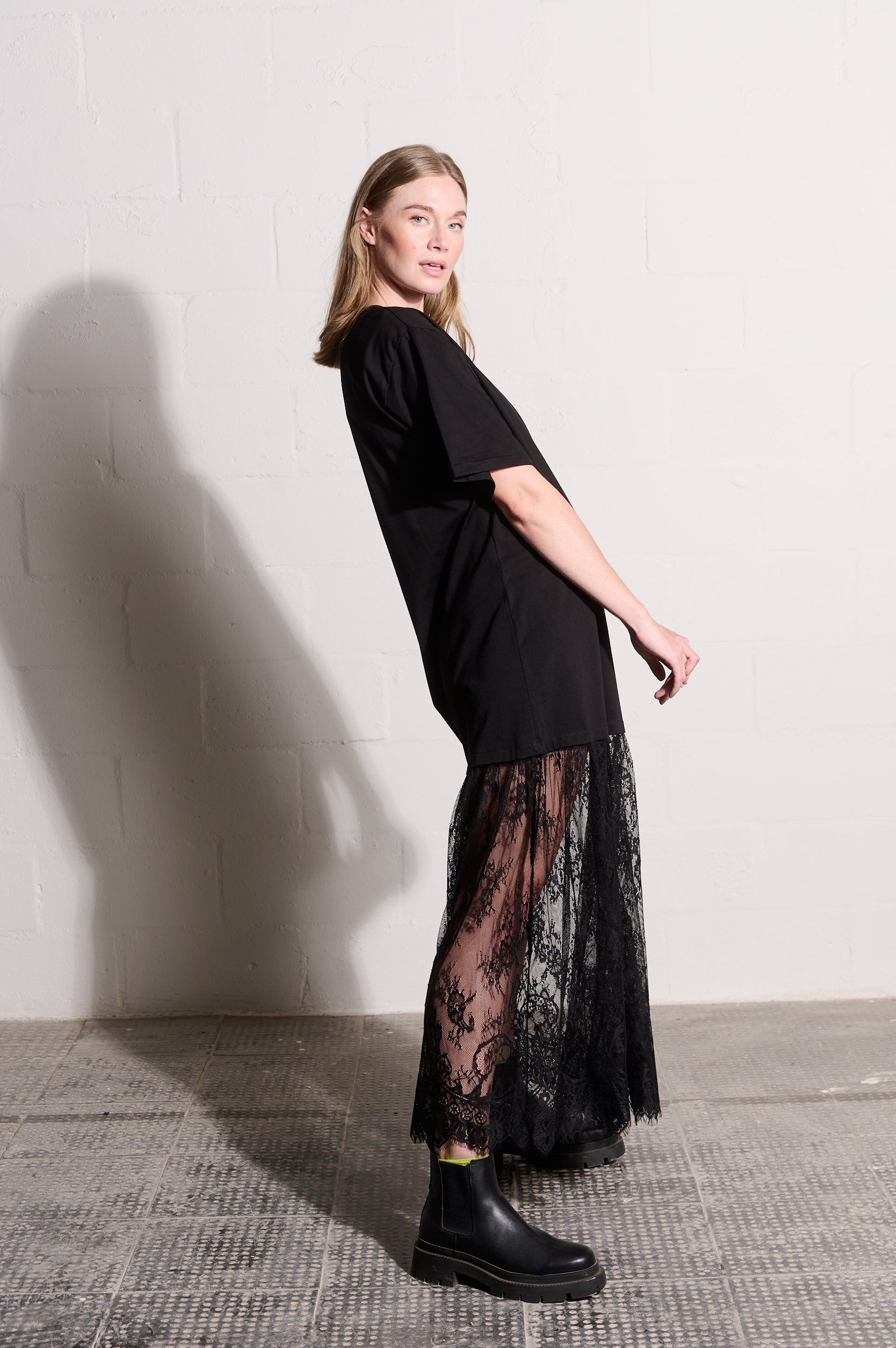 Combo T-Shirt Dress with Lace Skirt