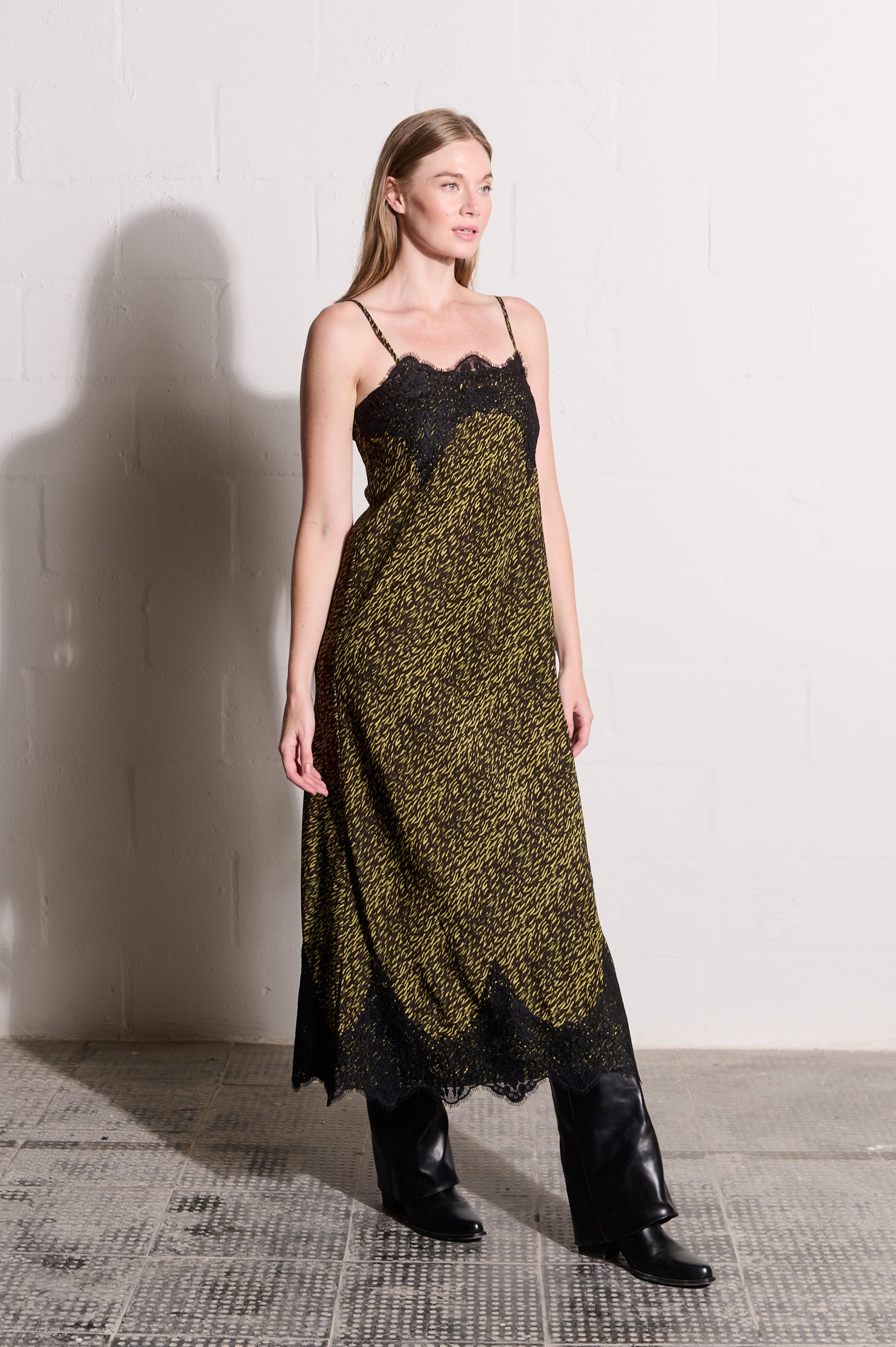 Bias Slip Dress in Lime Spittle
