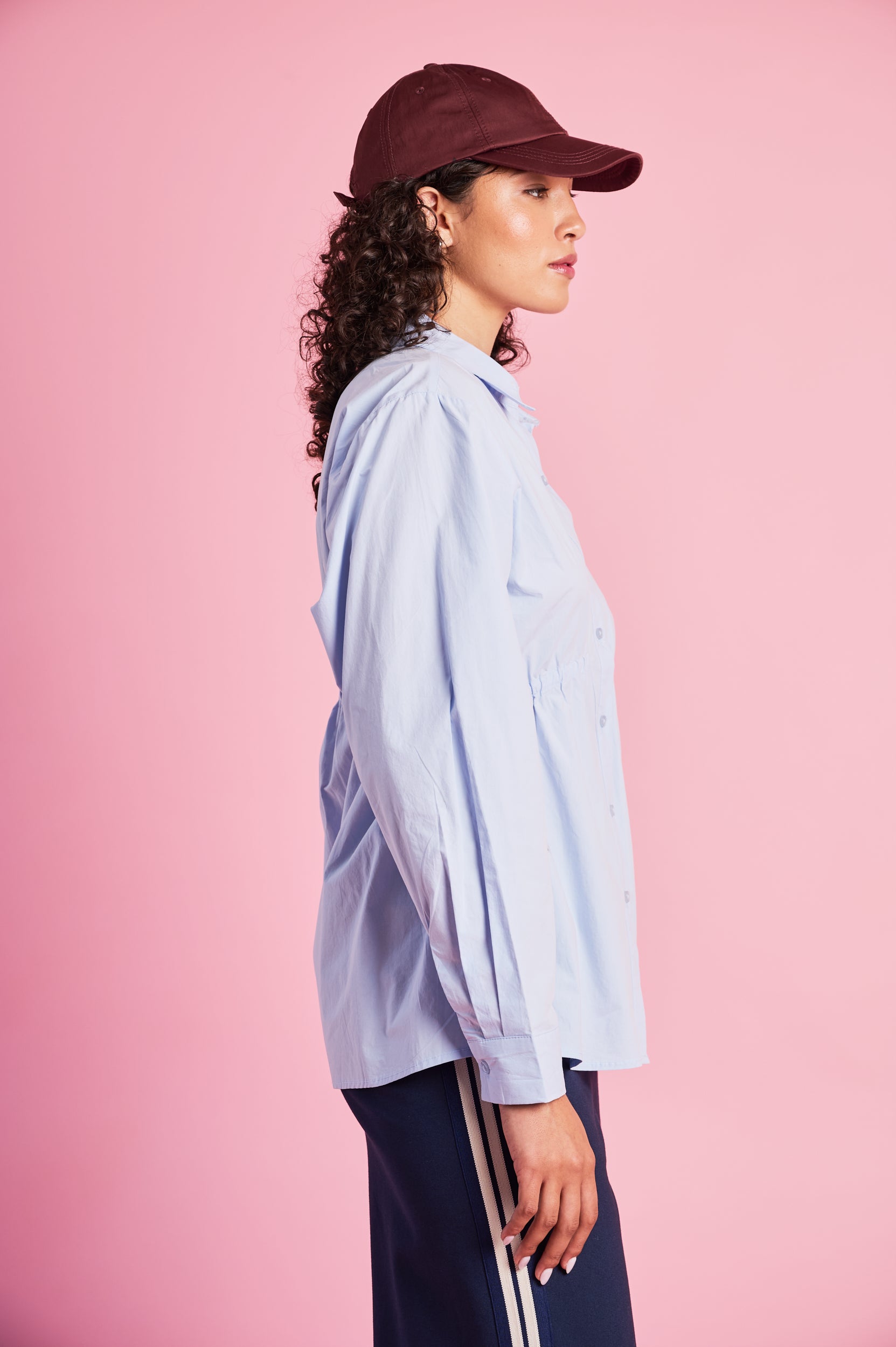 Ruched Empire Cotton Shirt in Sky Blue