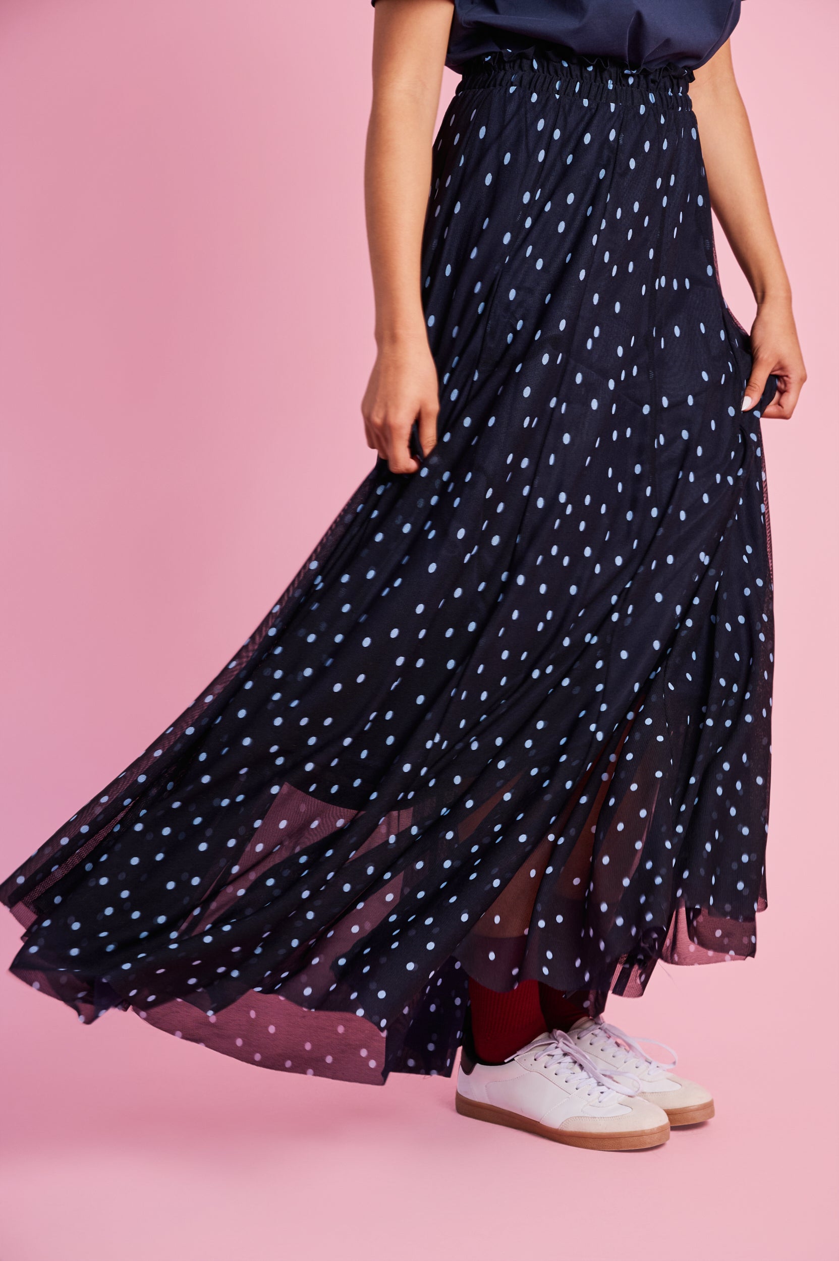Panelled Lined Mesh Skirt in Blue Spot