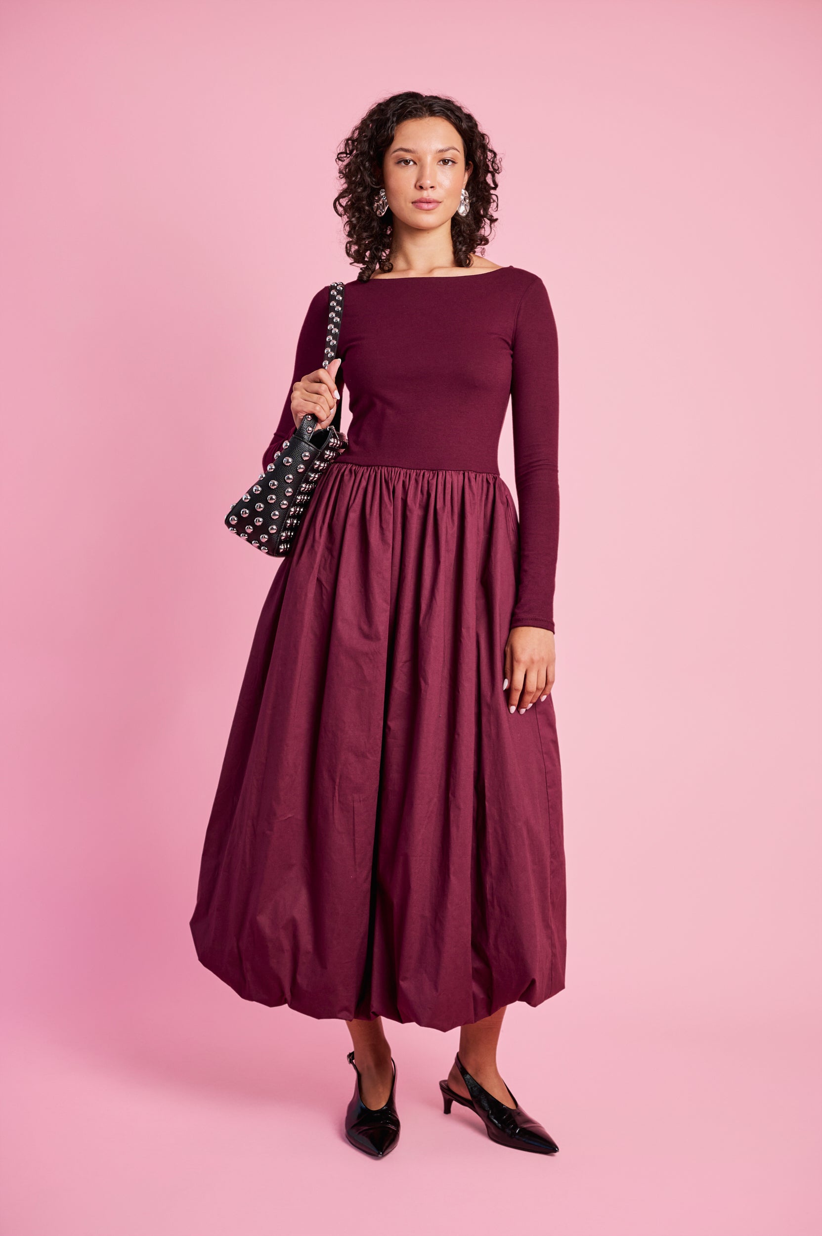 Long Sleeve Combo Dress in Burgundy