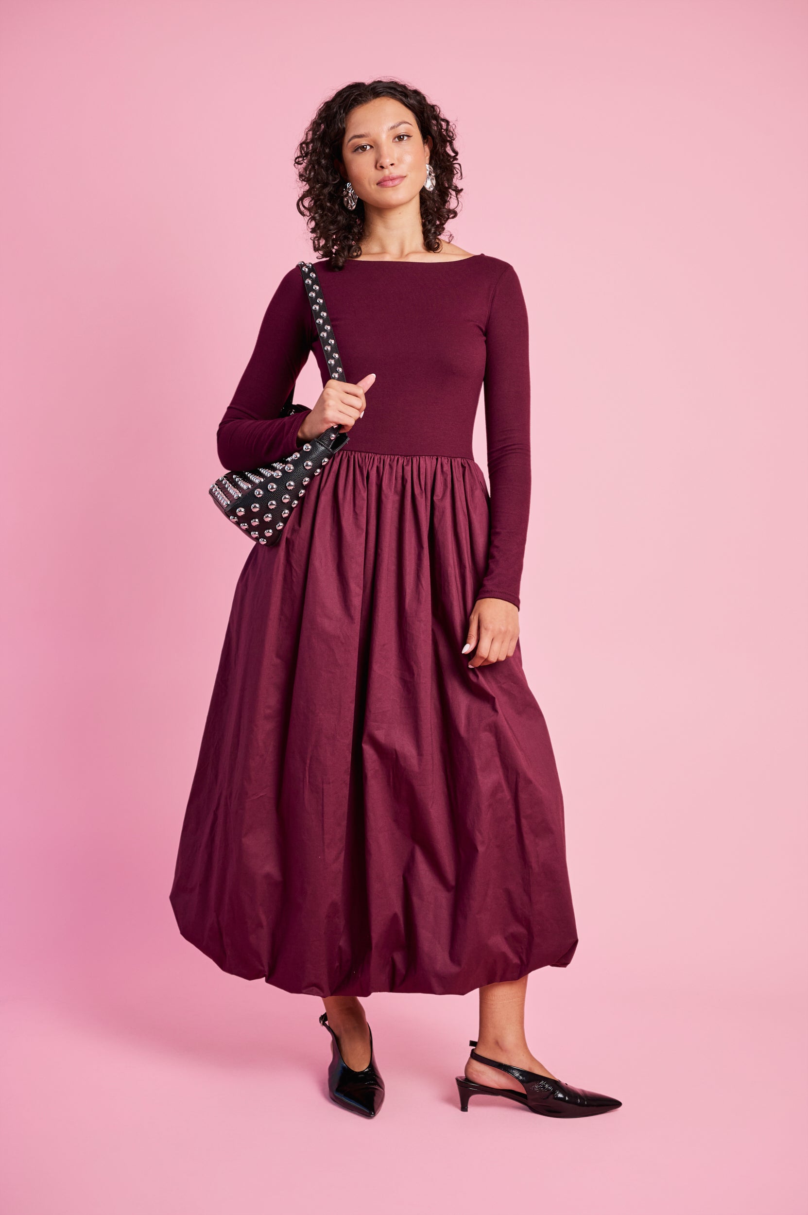 Long Sleeve Combo Dress in Burgundy