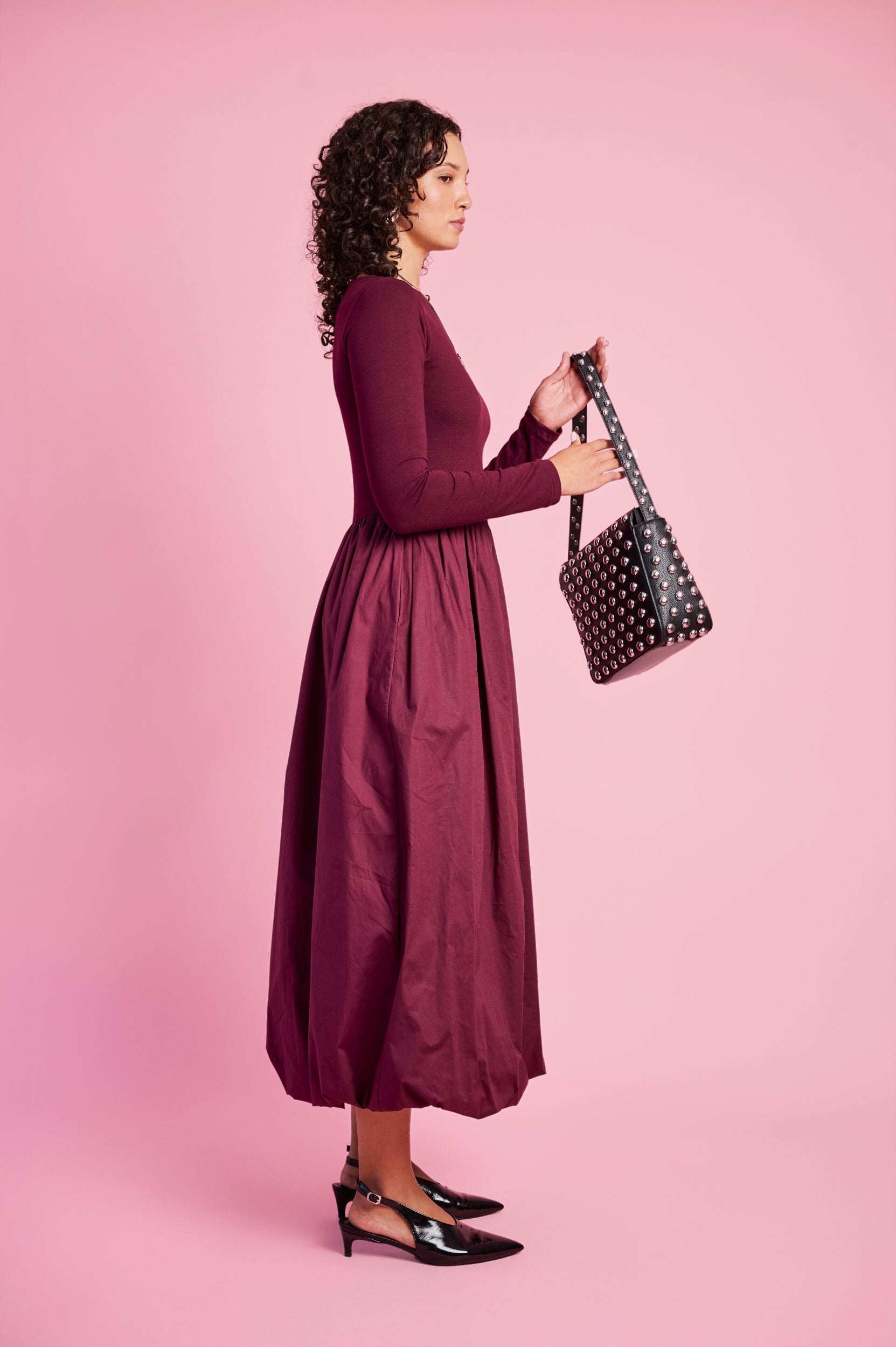 Long Sleeve Combo Dress in Burgundy