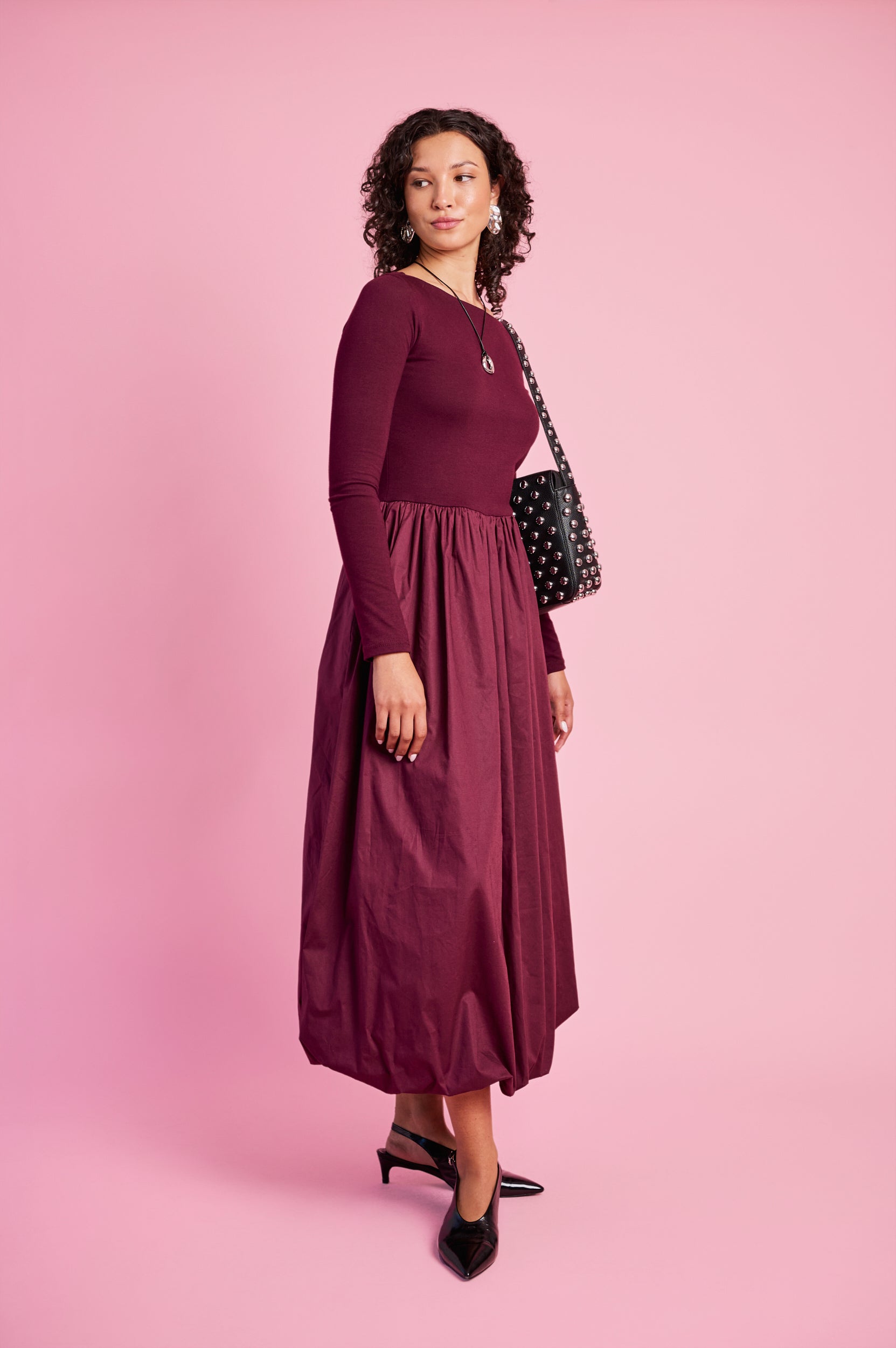 Long Sleeve Combo Dress in Burgundy