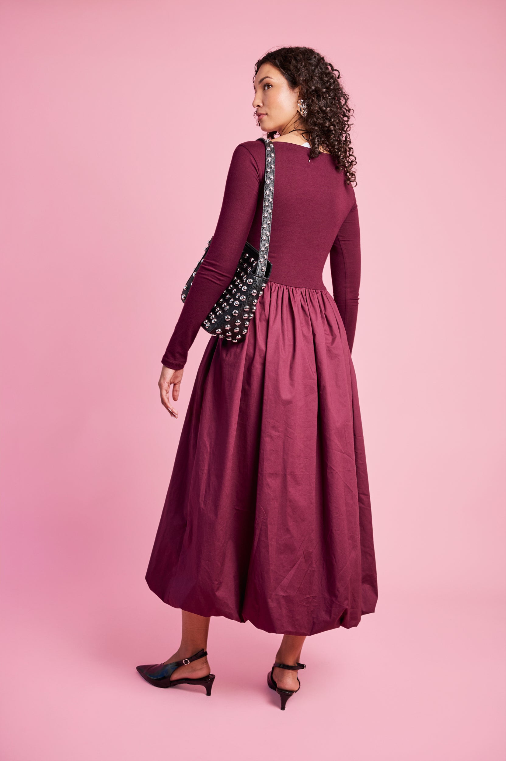 Long Sleeve Combo Dress in Burgundy