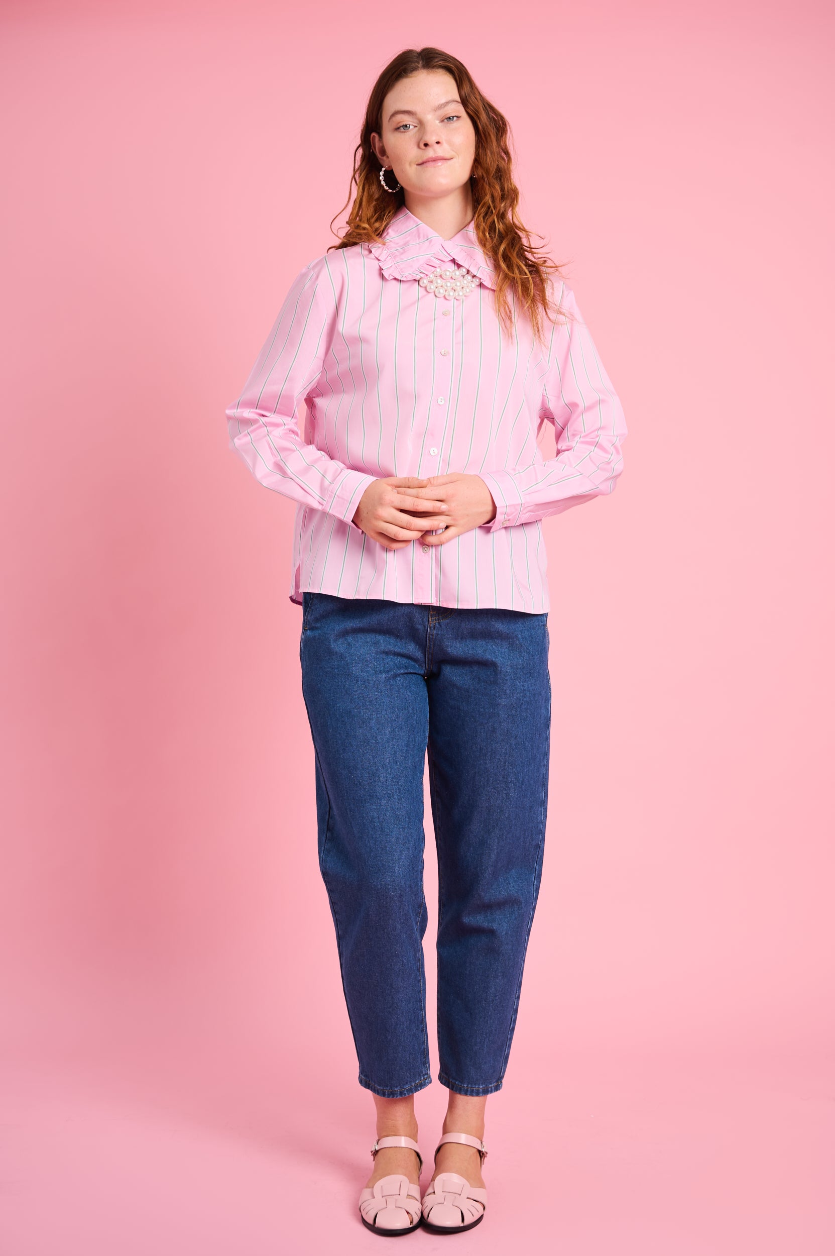 Peter Pan Collar Shirt in Pink Stripe