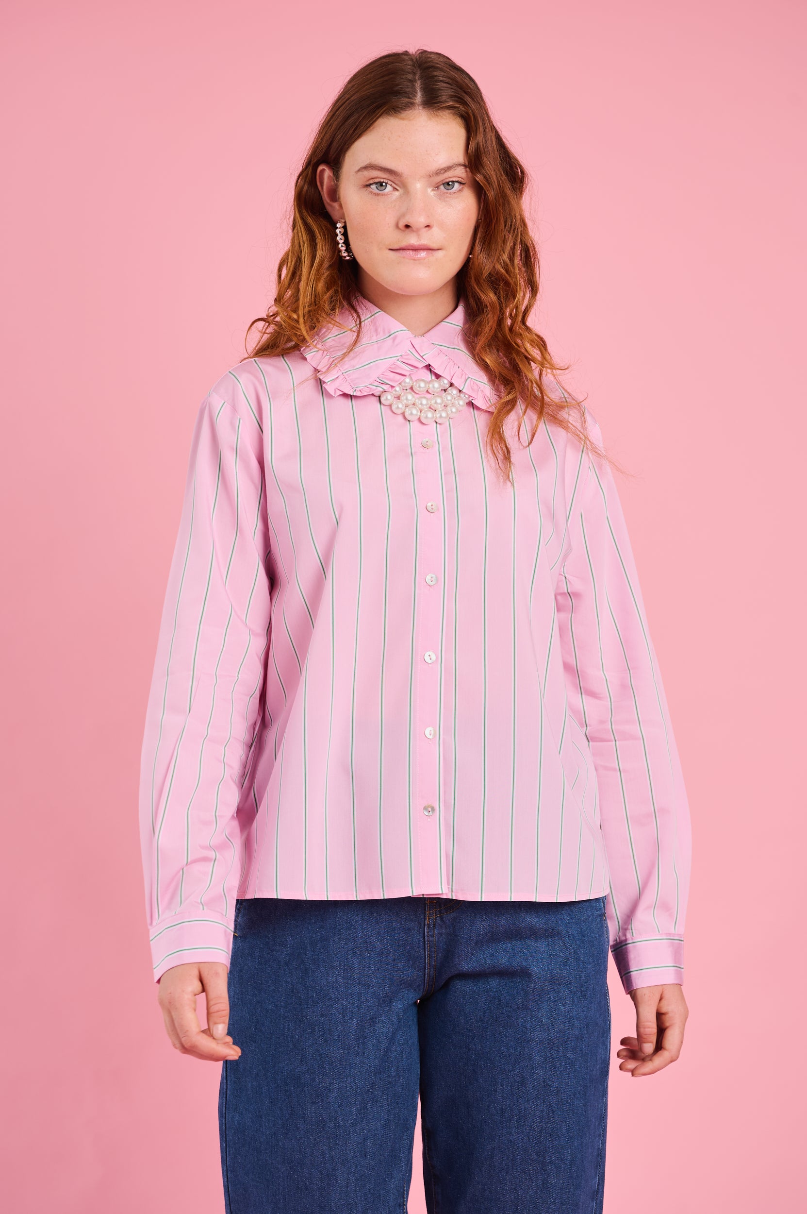 Peter Pan Collar Shirt in Pink Stripe