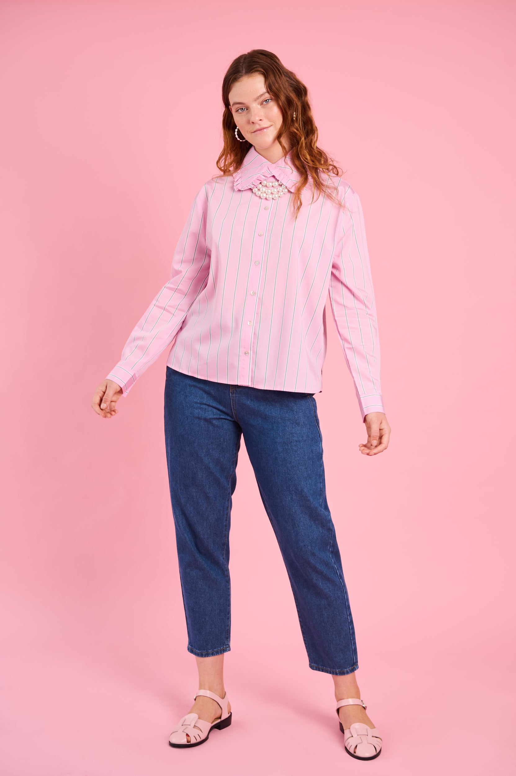 Peter Pan Collar Shirt in Pink Stripe