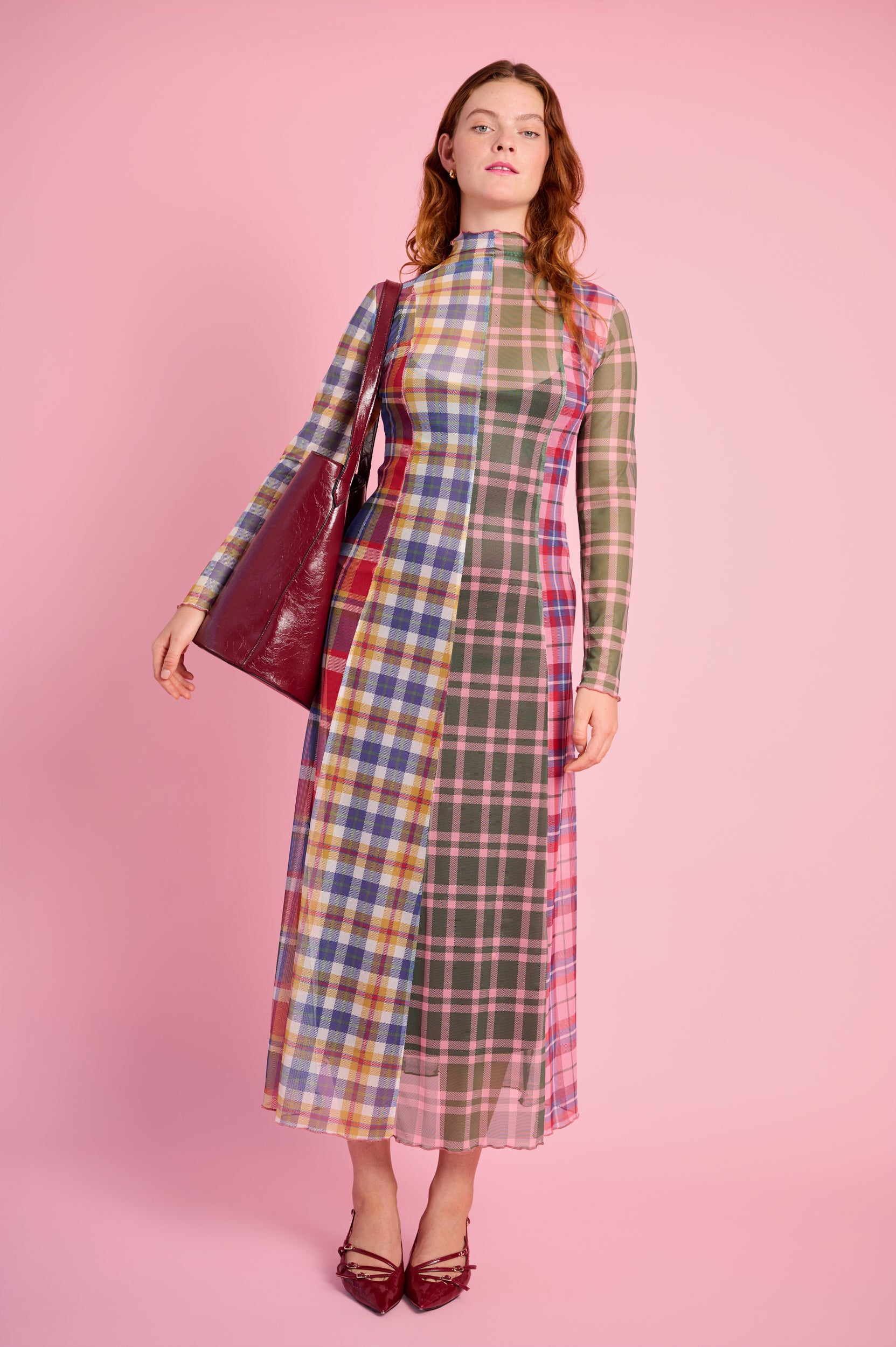 Panelled Mesh Dress with Polo Neck in Multi Check