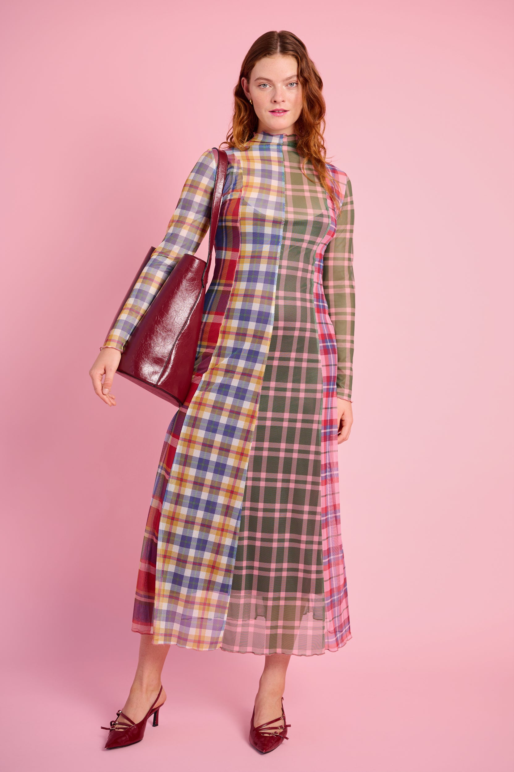 Panelled Mesh Dress with Polo Neck in Multi Check