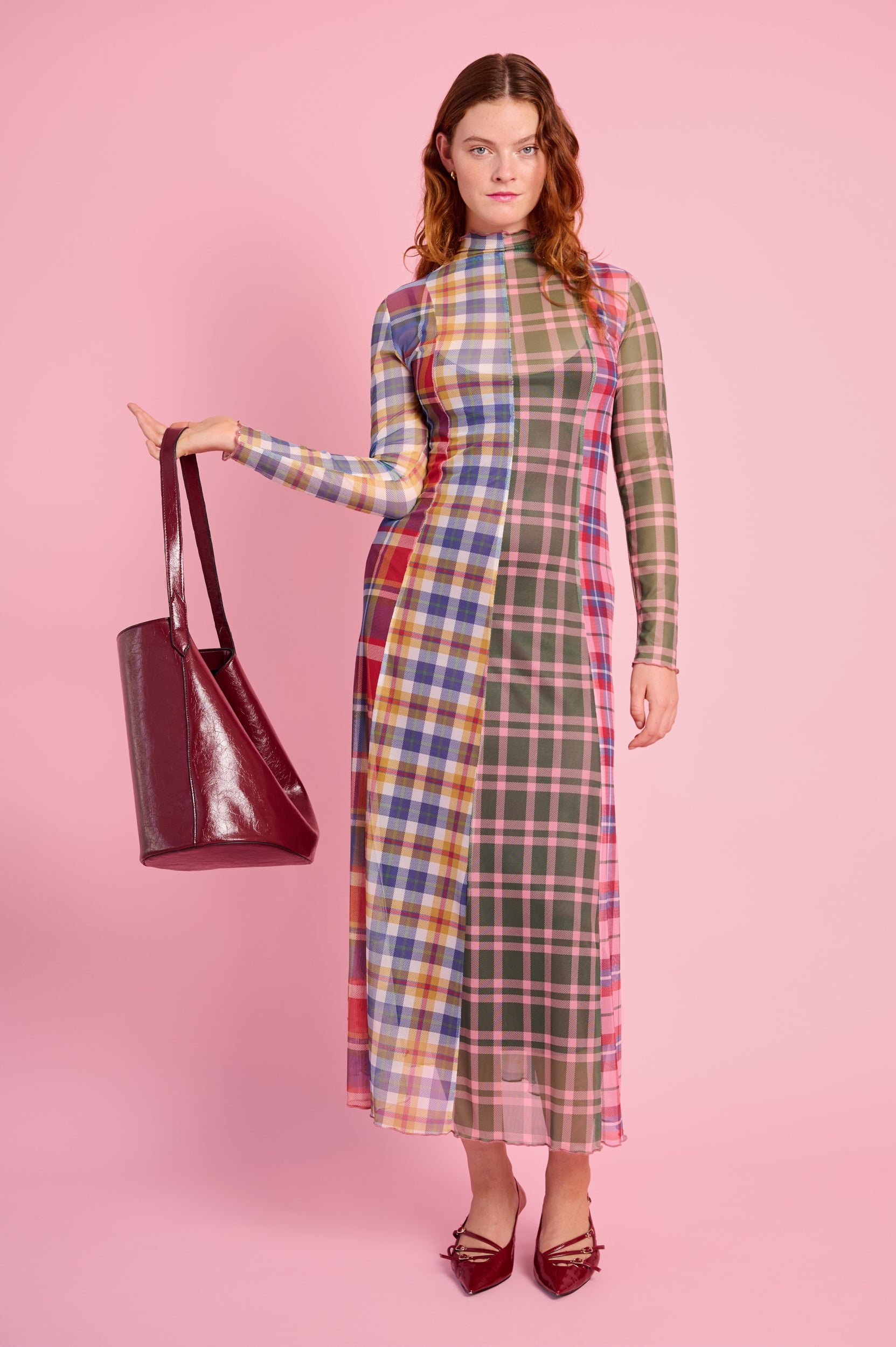 Panelled Mesh Dress with Polo Neck in Multi Check