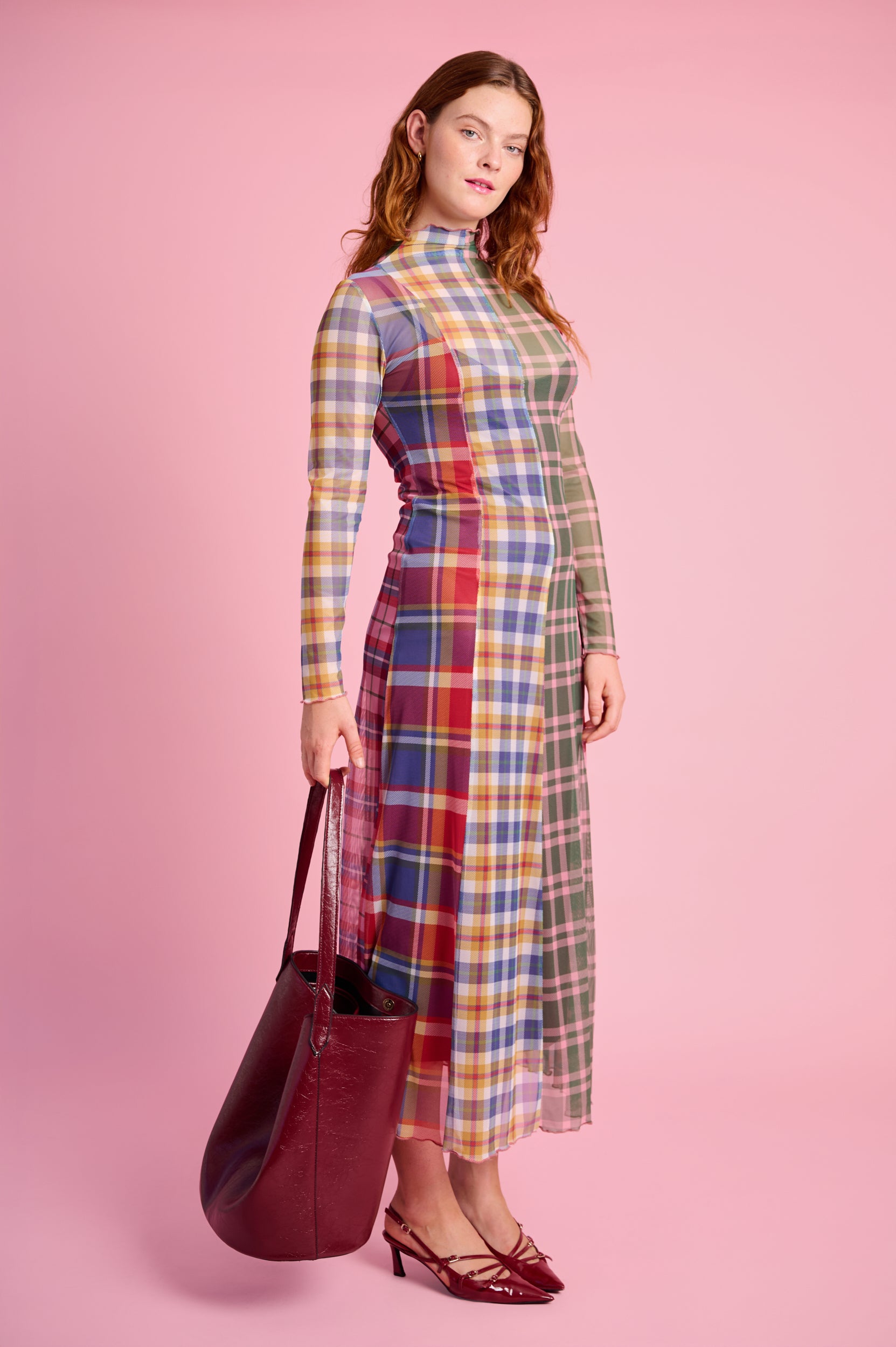 Panelled Mesh Dress with Polo Neck in Multi Check