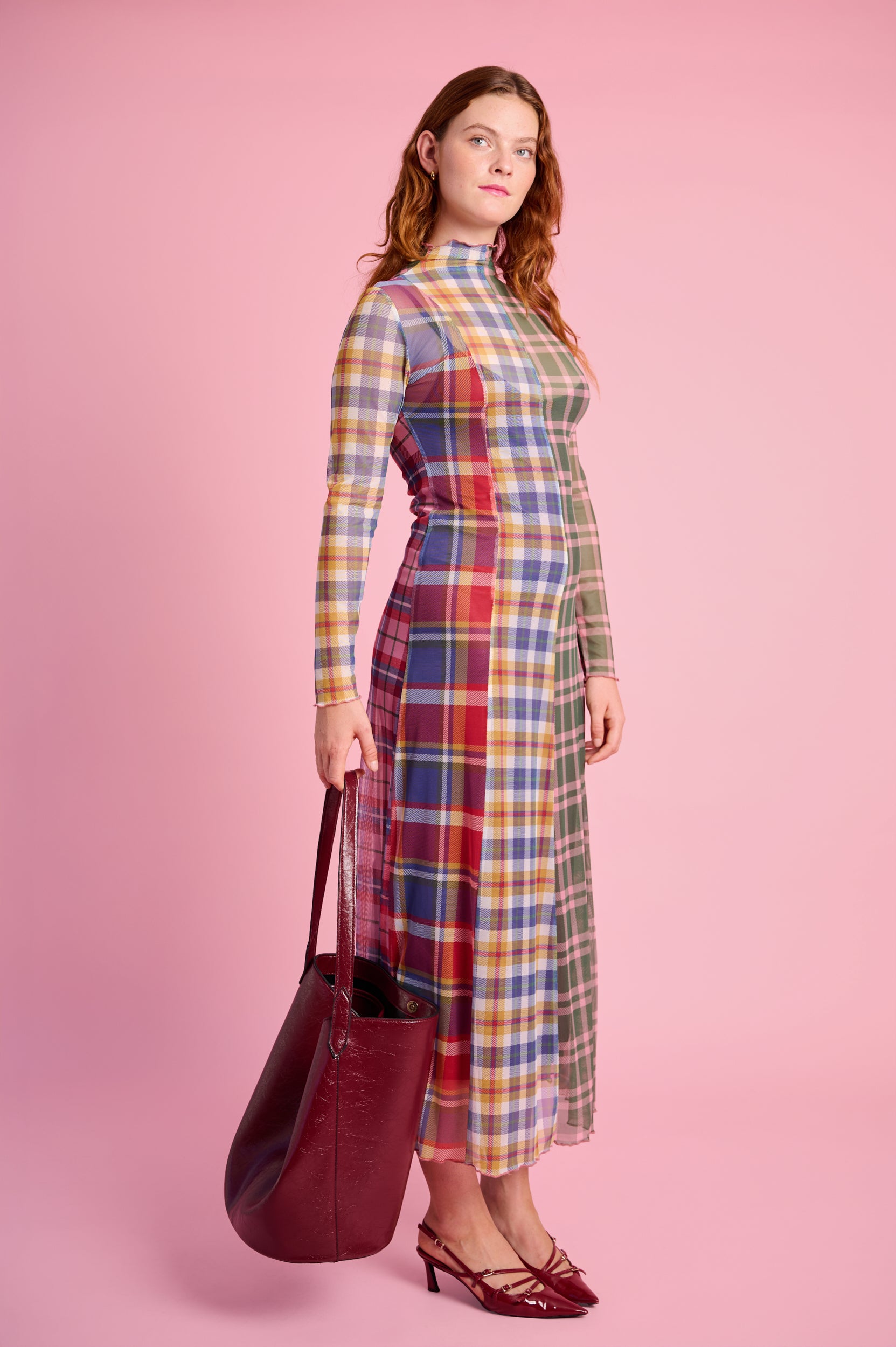 Panelled Mesh Dress with Polo Neck in Multi Check