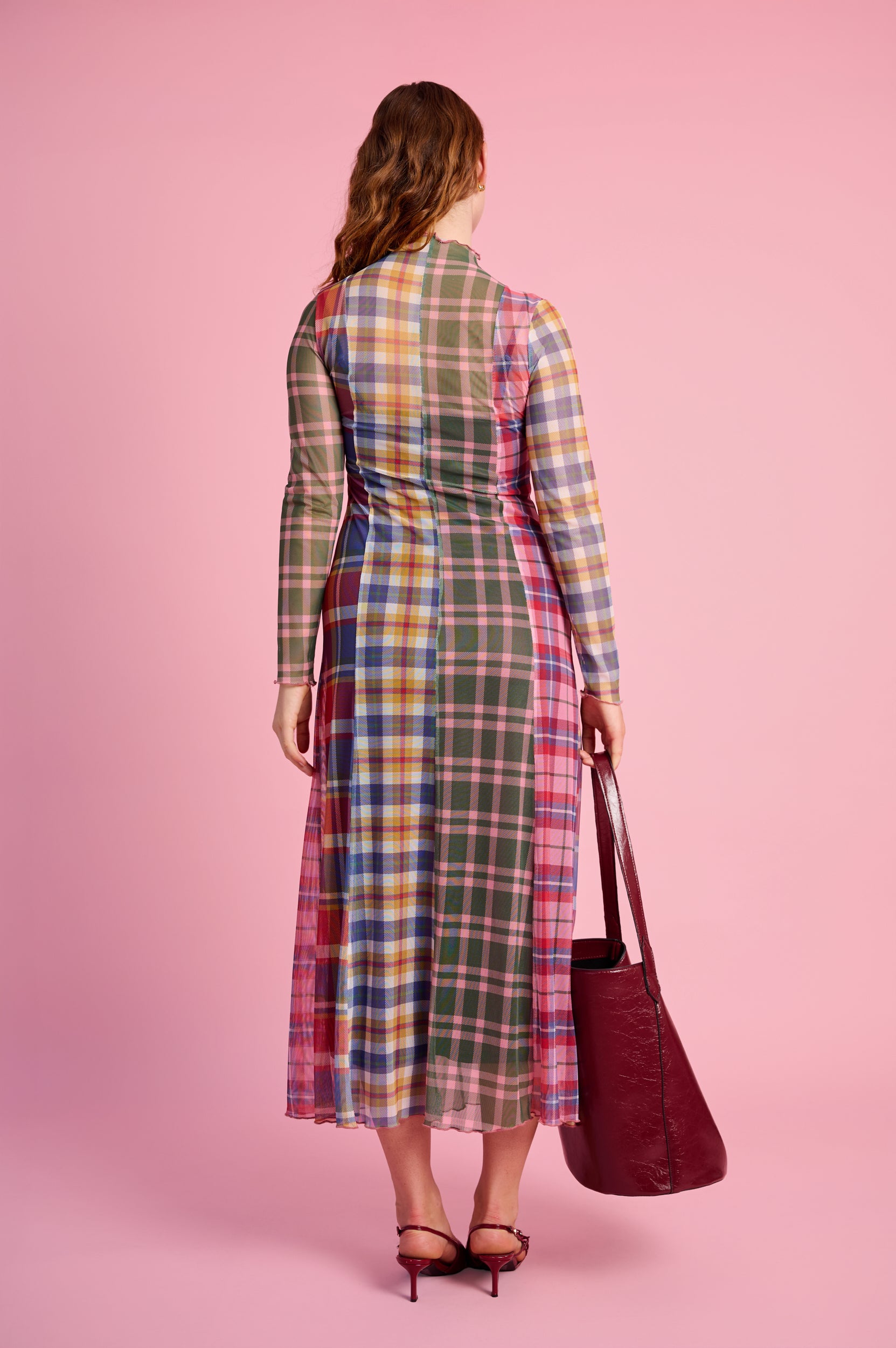Panelled Mesh Dress with Polo Neck in Multi Check