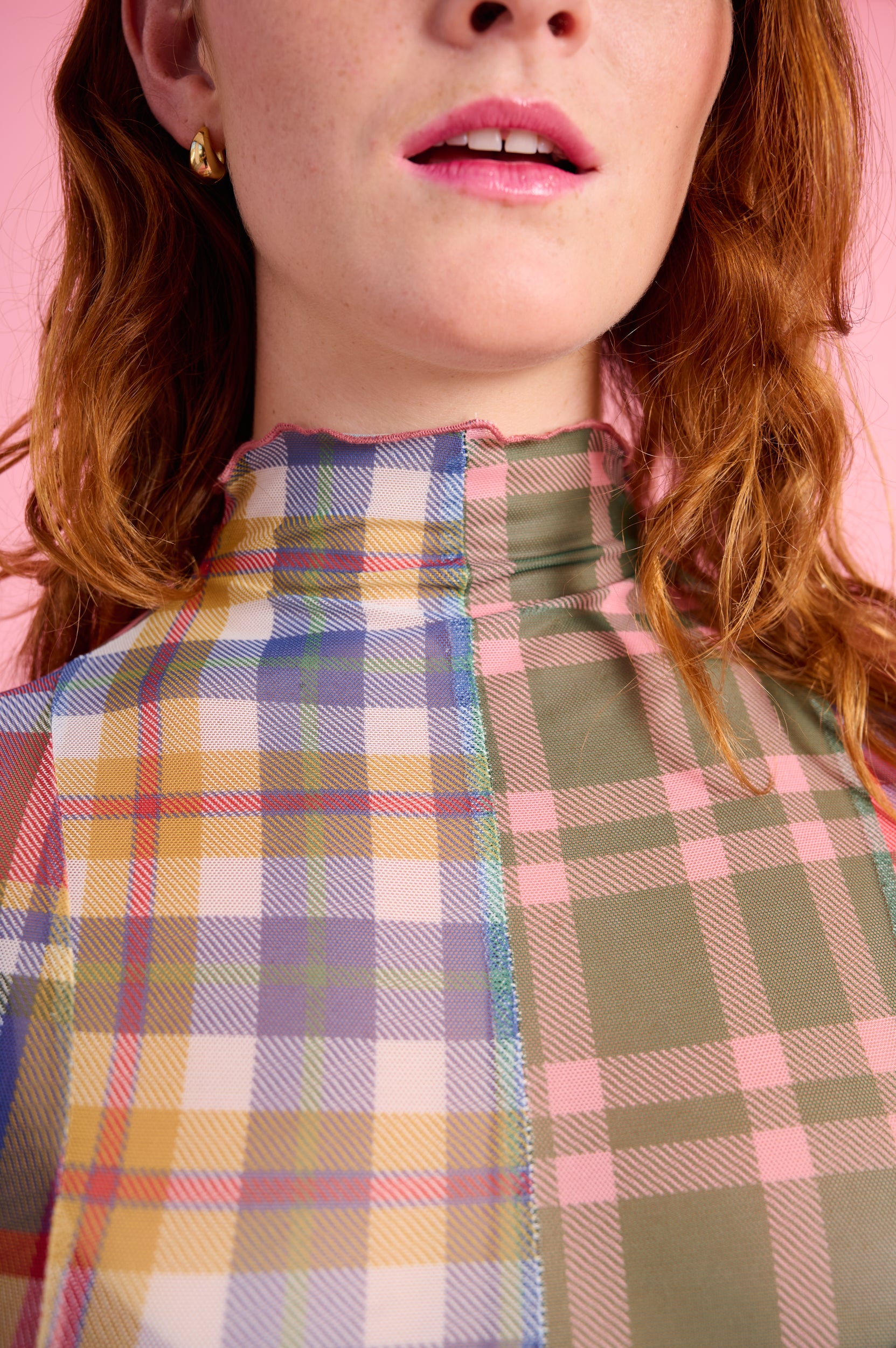 Panelled Mesh Dress with Polo Neck in Multi Check