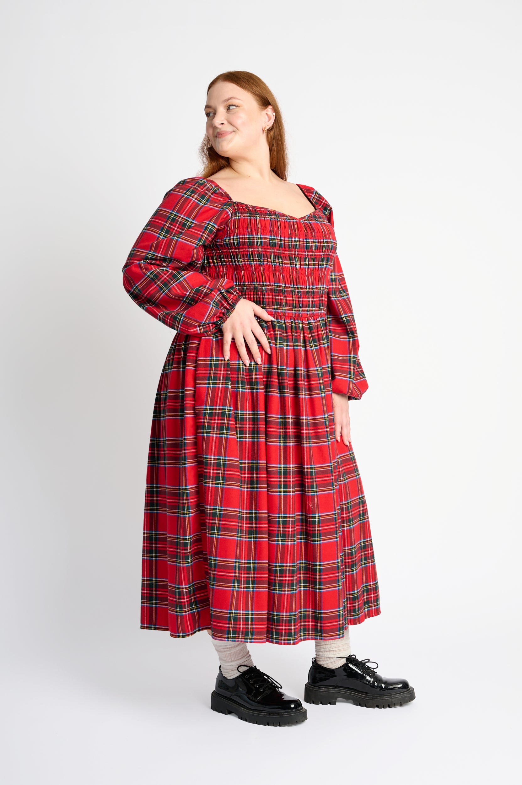 Shirring Dress in Red Tartan