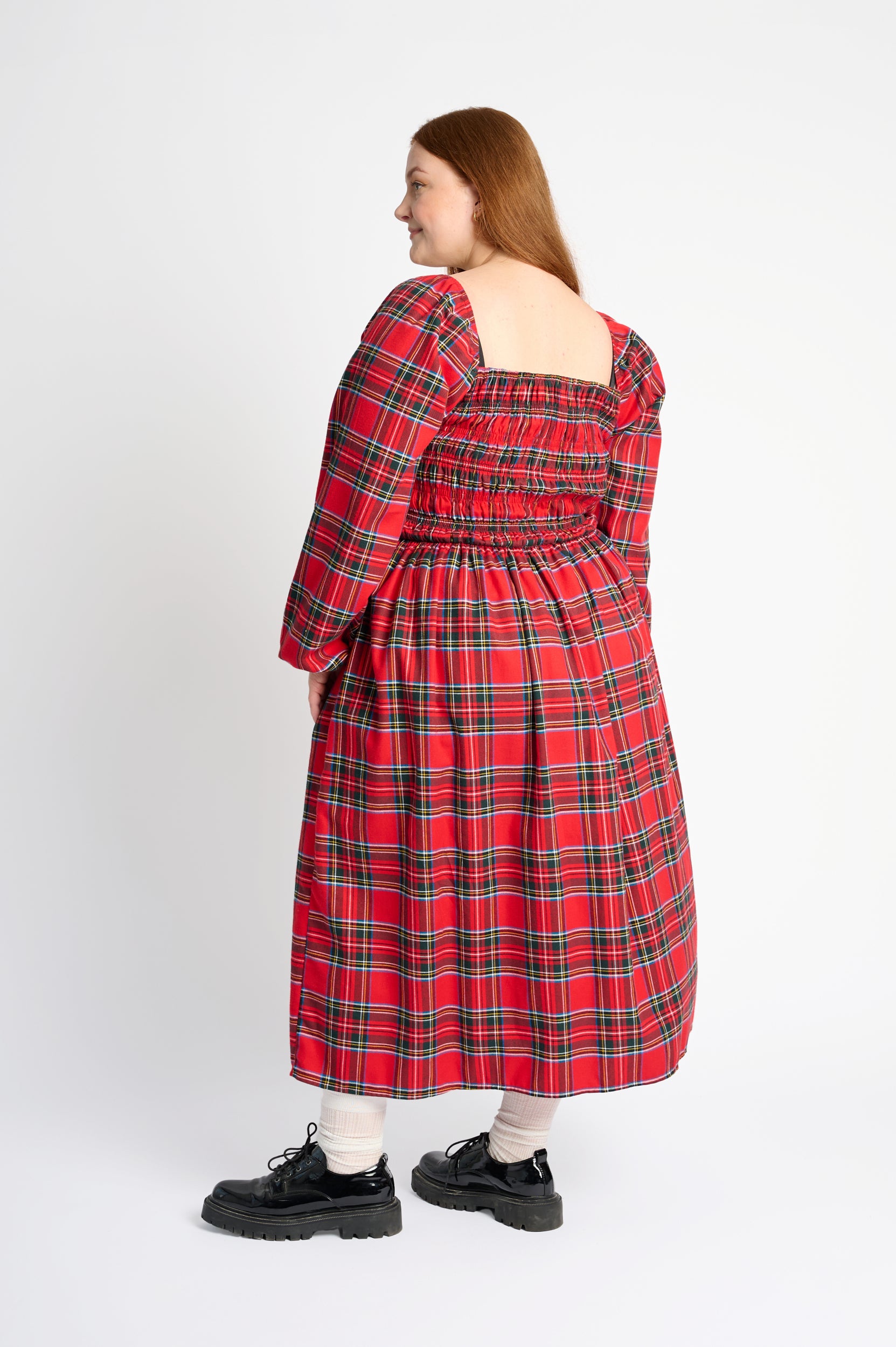 Shirring Dress in Red Tartan