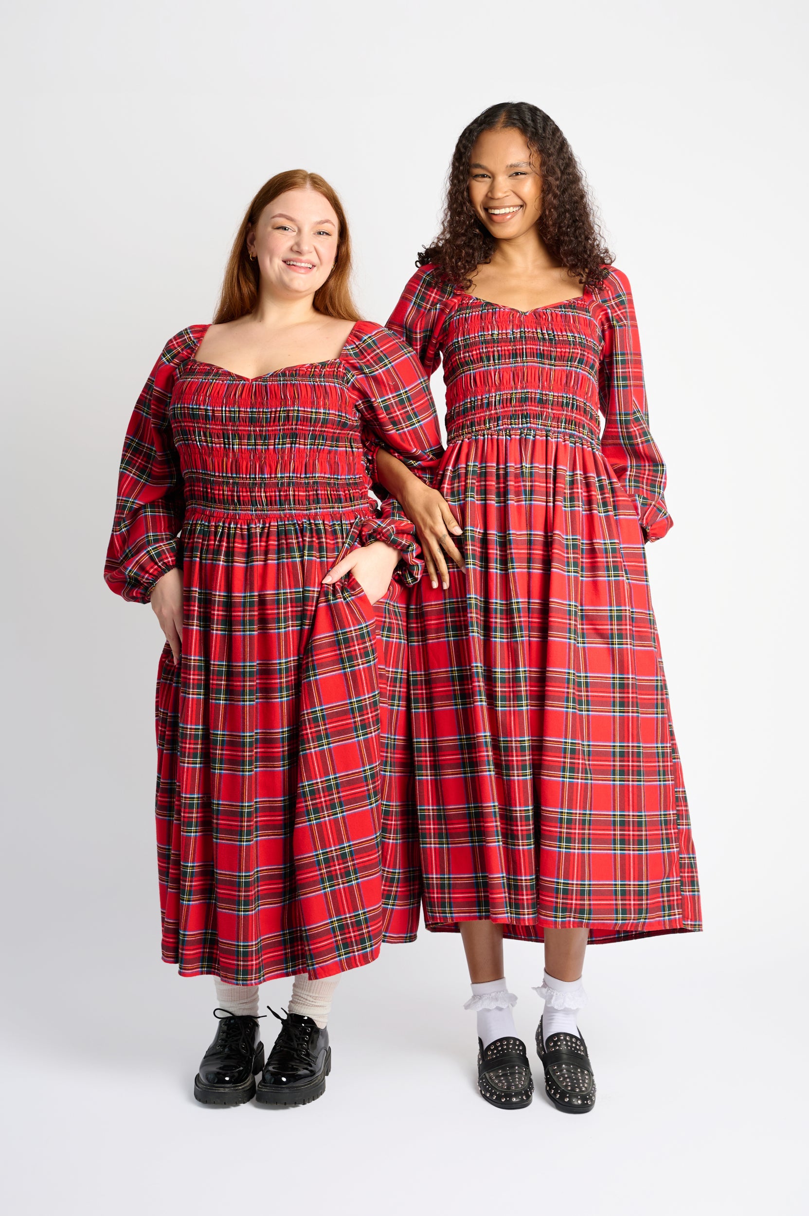 Shirring Dress in Red Tartan