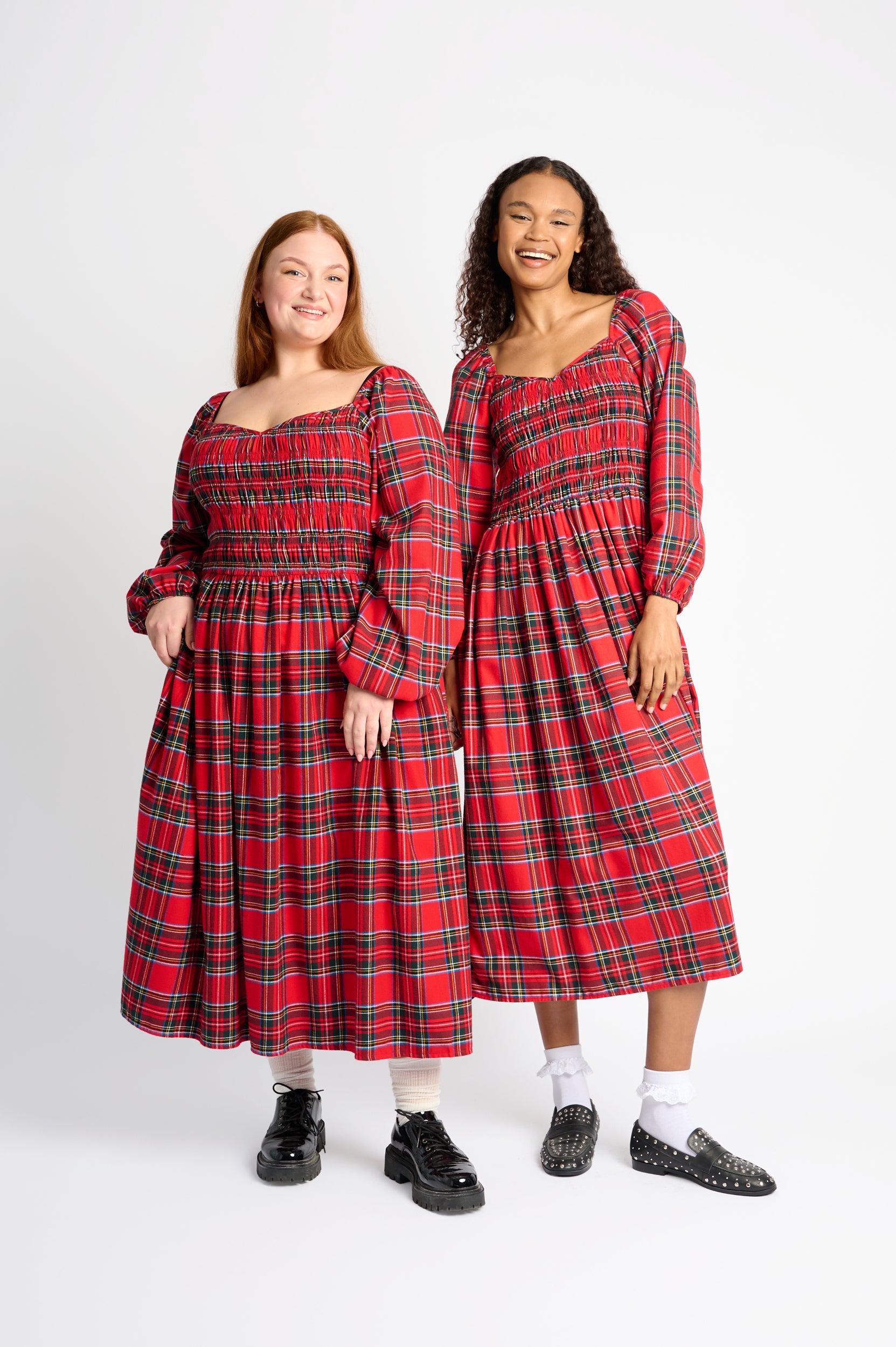Shirring Dress in Red Tartan