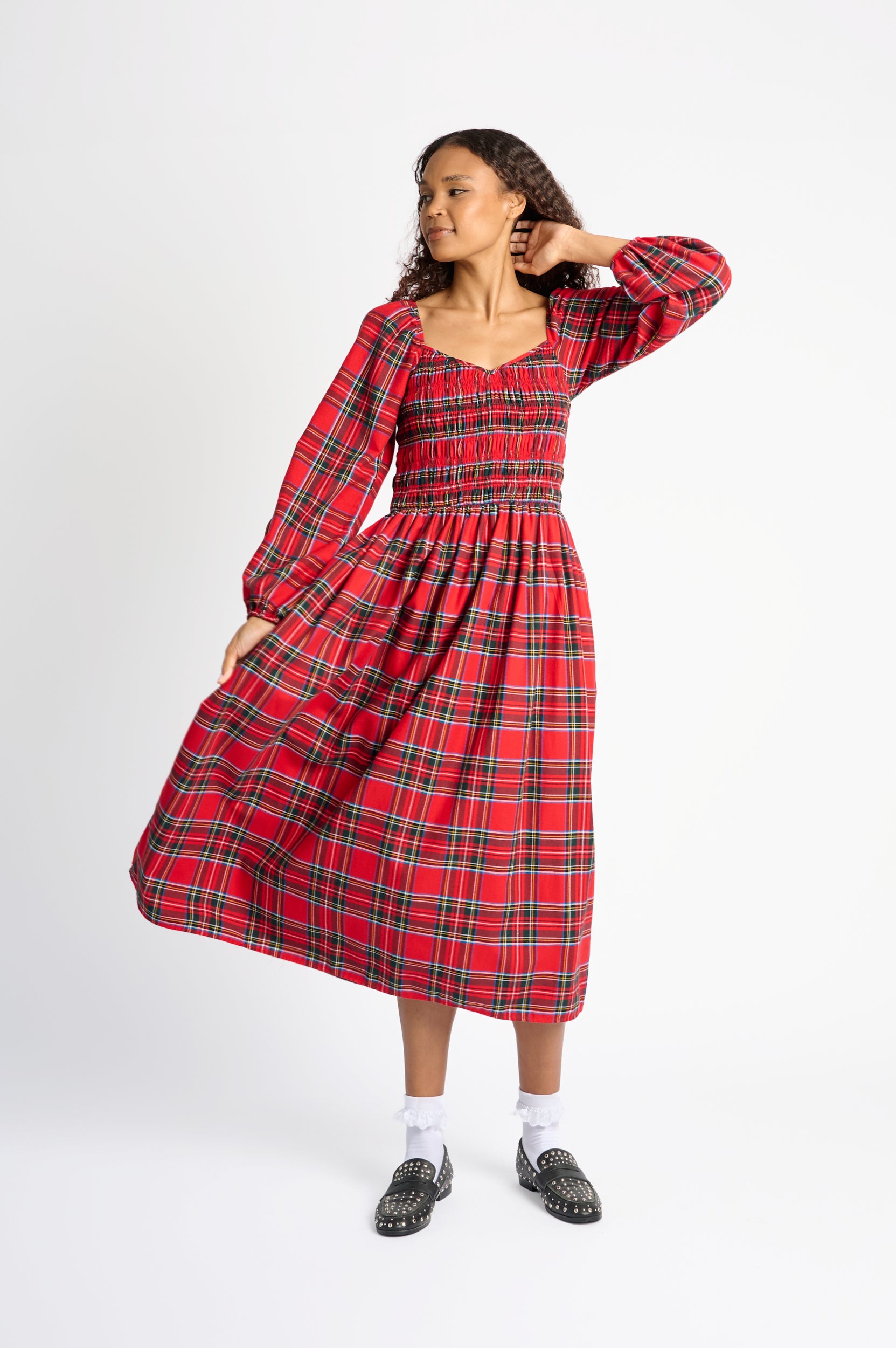Shirring Dress in Red Tartan