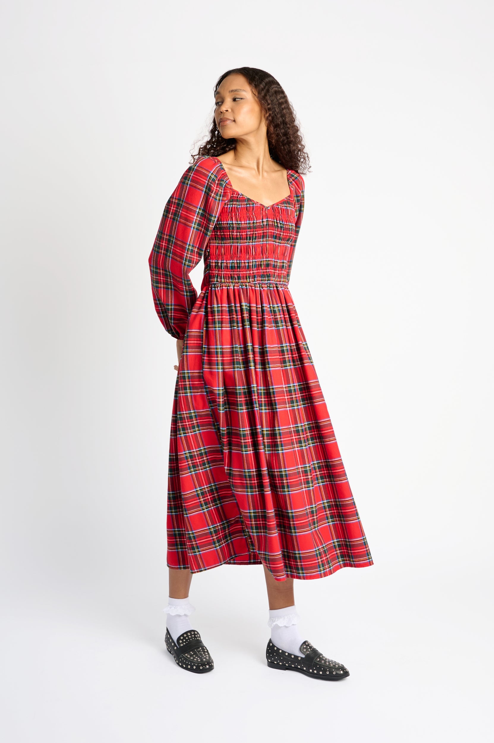 Shirring Dress in Red Tartan