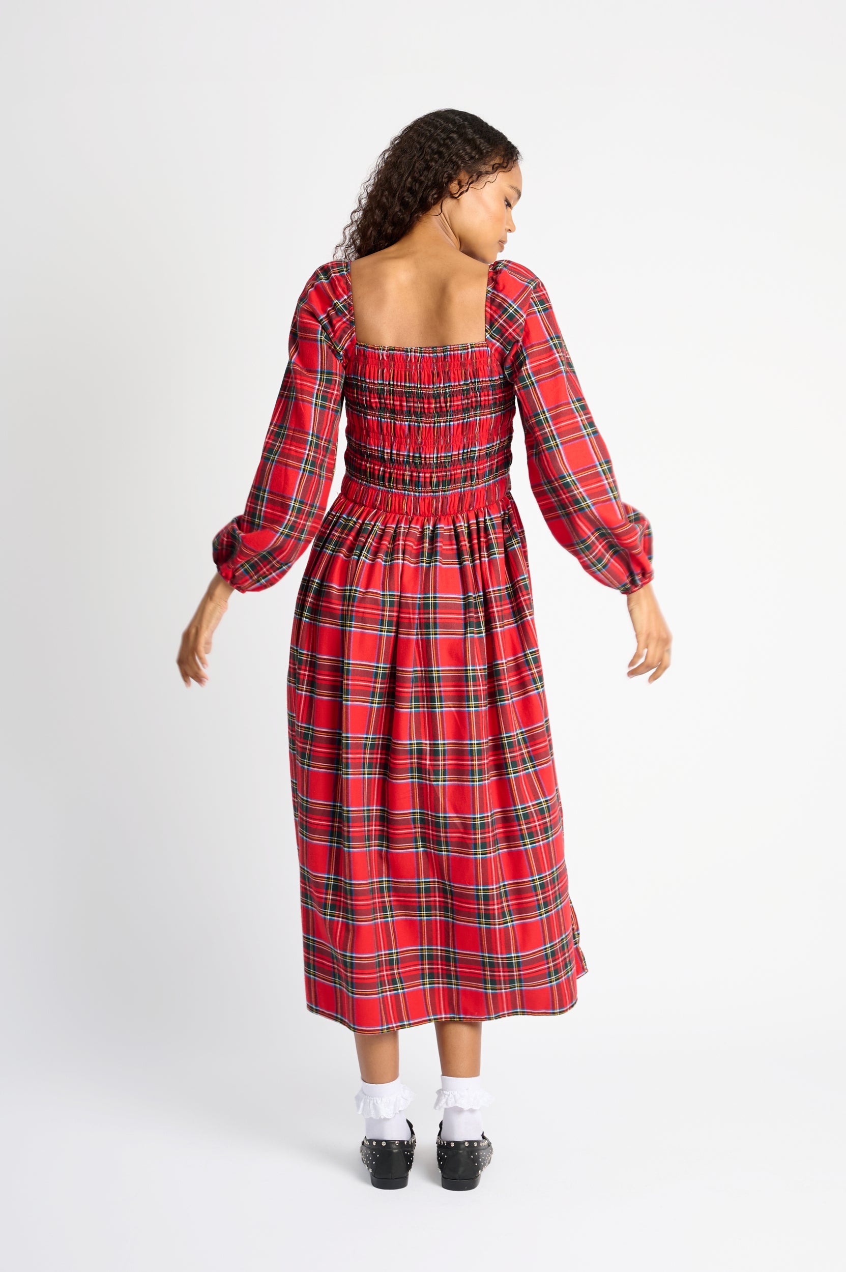 Shirring Dress in Red Tartan