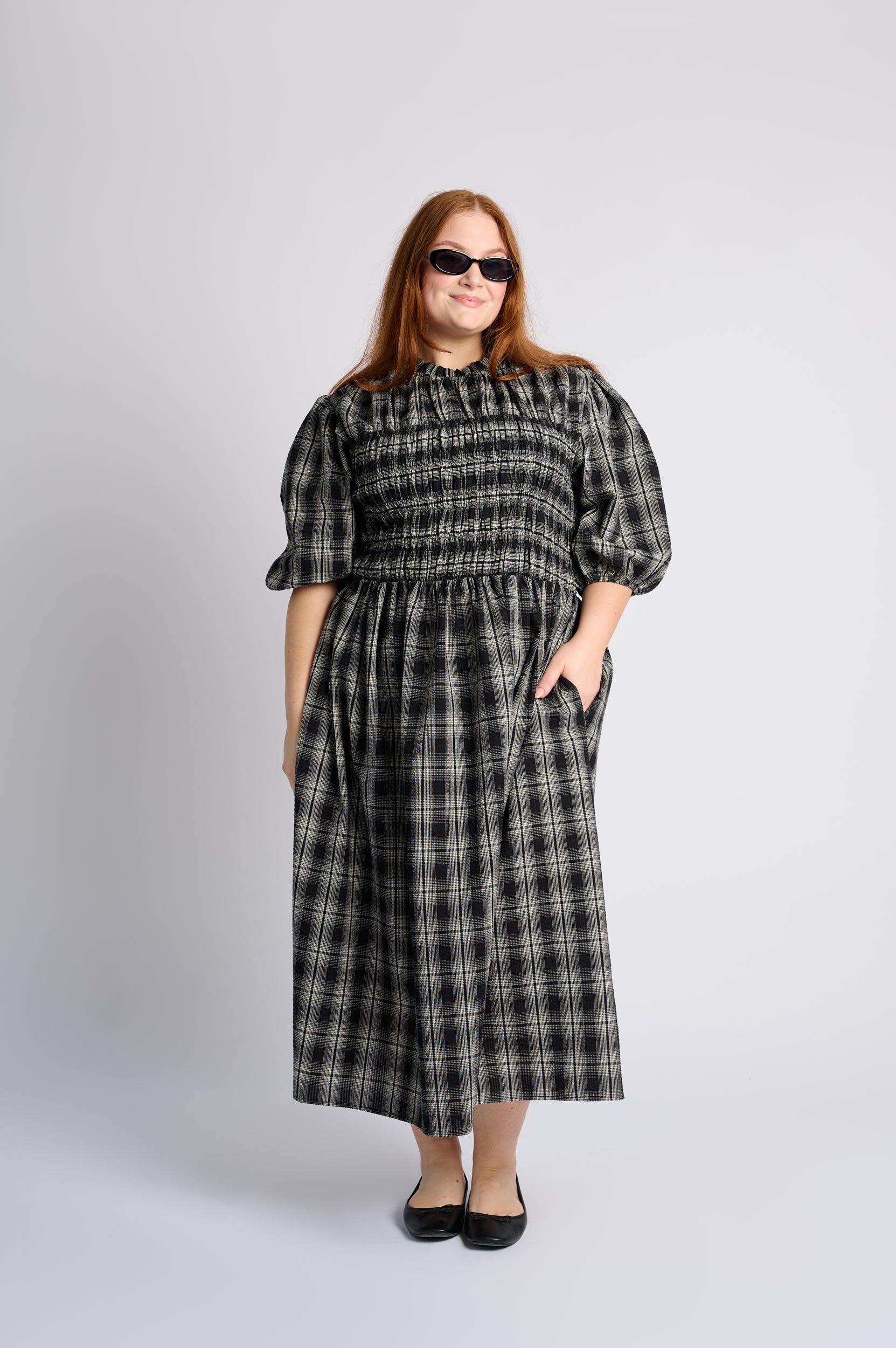 Shirring Cotton Dress in Black Check