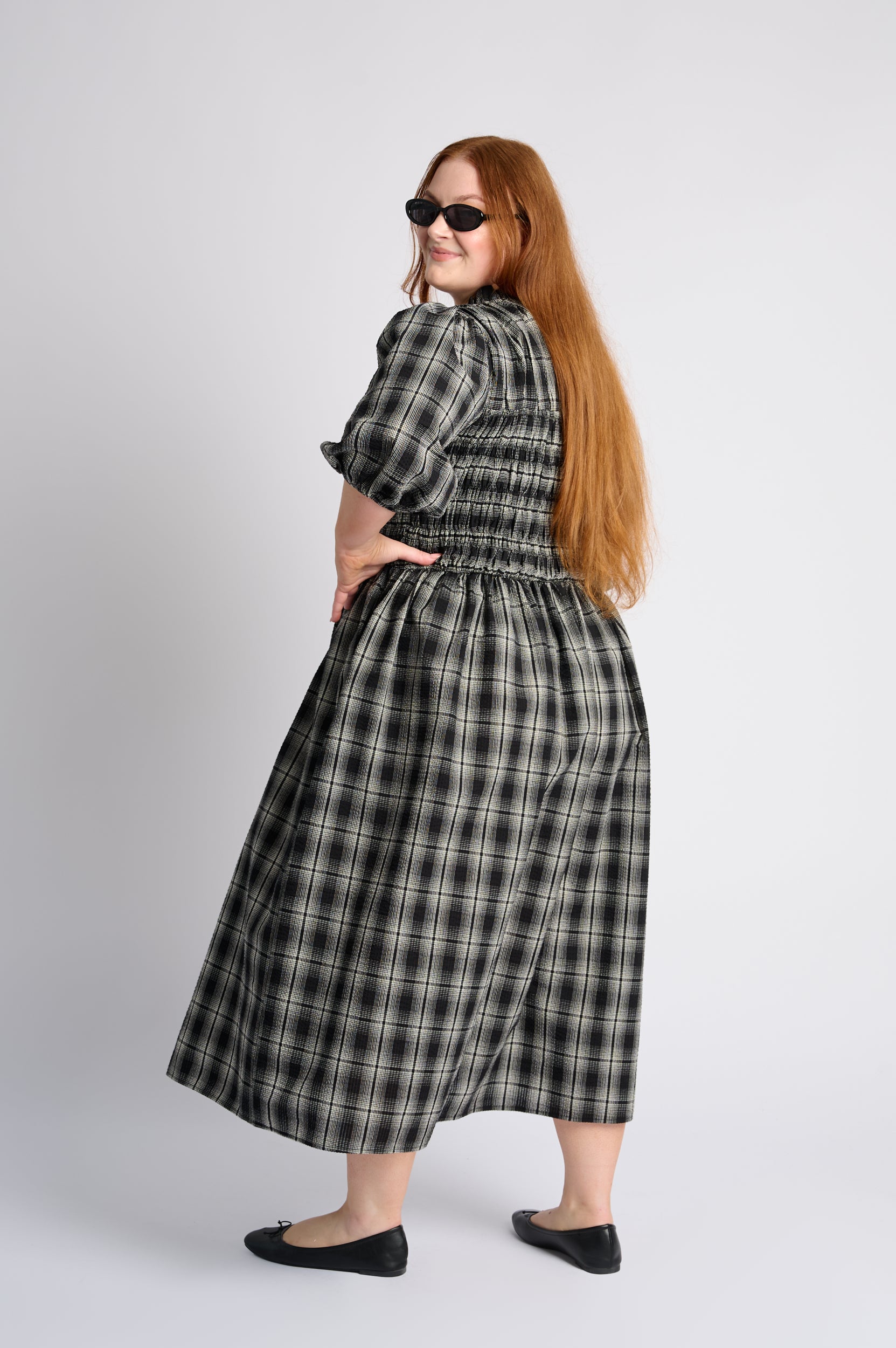 Shirring Cotton Dress in Black Check